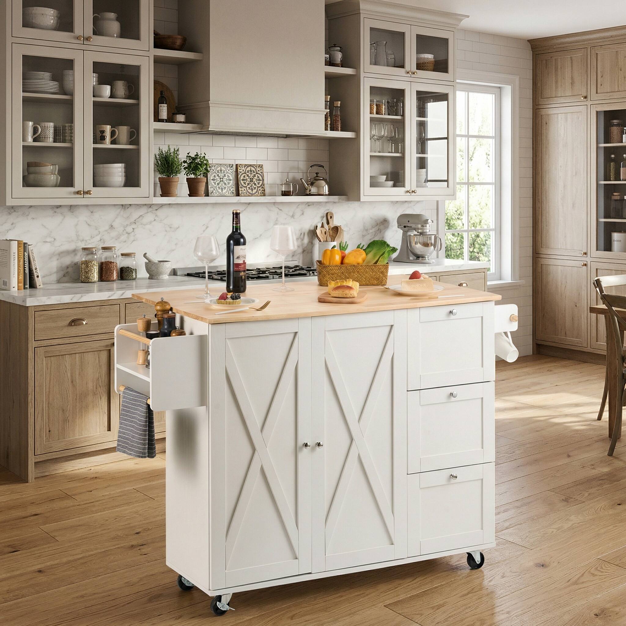 Front. Forest'nSky - White 45.3" Wide Rolling Kitchen Island Cart with Solid Wood Top, Mobile Storage Cabinet - White.