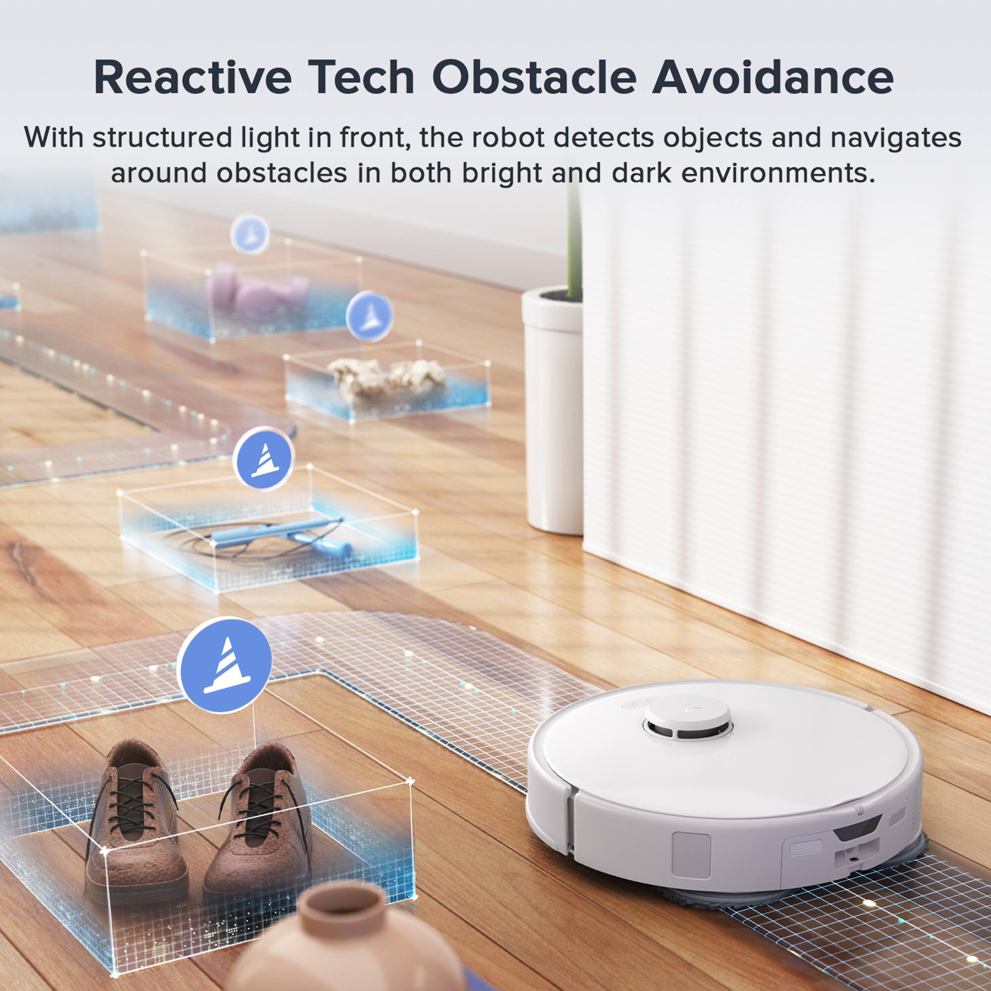 Reactive Tech Obstacle Avoidance

With structured light in front, the robot detects objects and navigates around obstacles in both bright and dark environments.