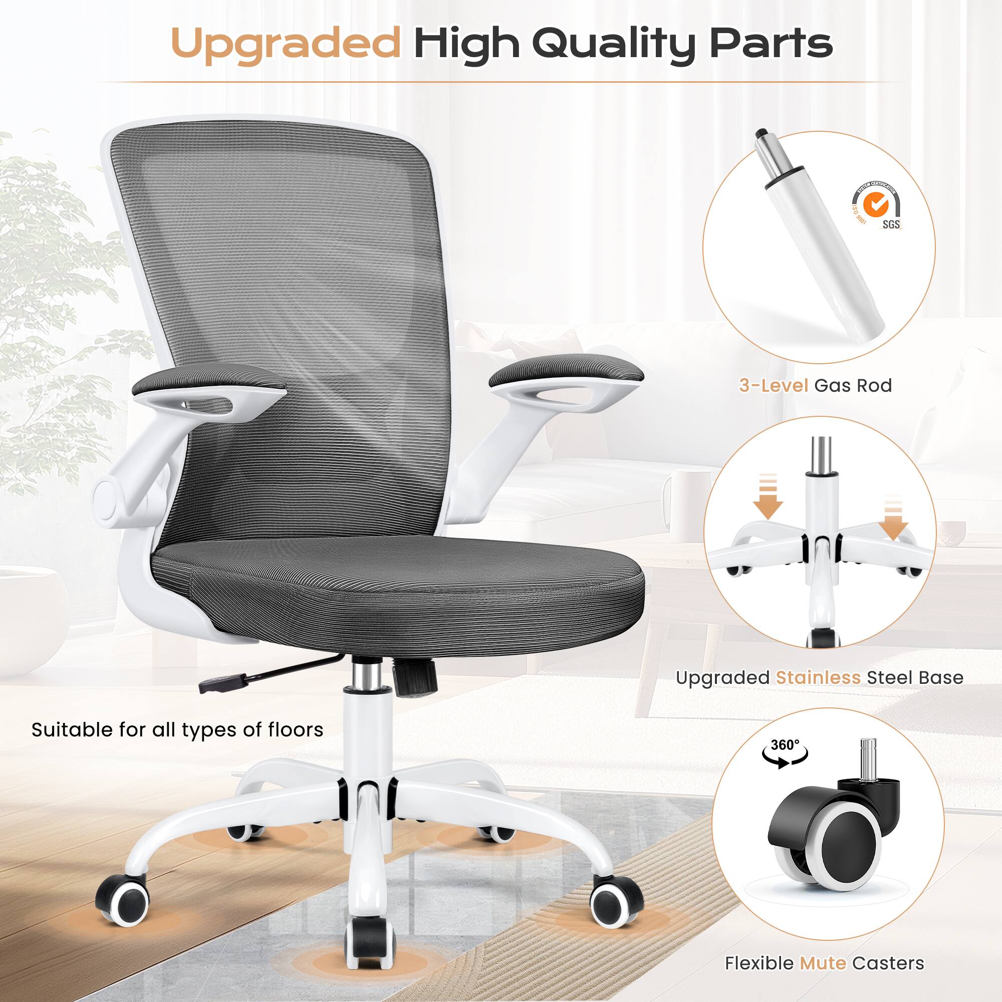 Upgraded High Quality Parts

- 3-Level Gas Rod
- Upgraded Stainless Steel Base
- Flexible Mute Casters

Suitable for all types of floors