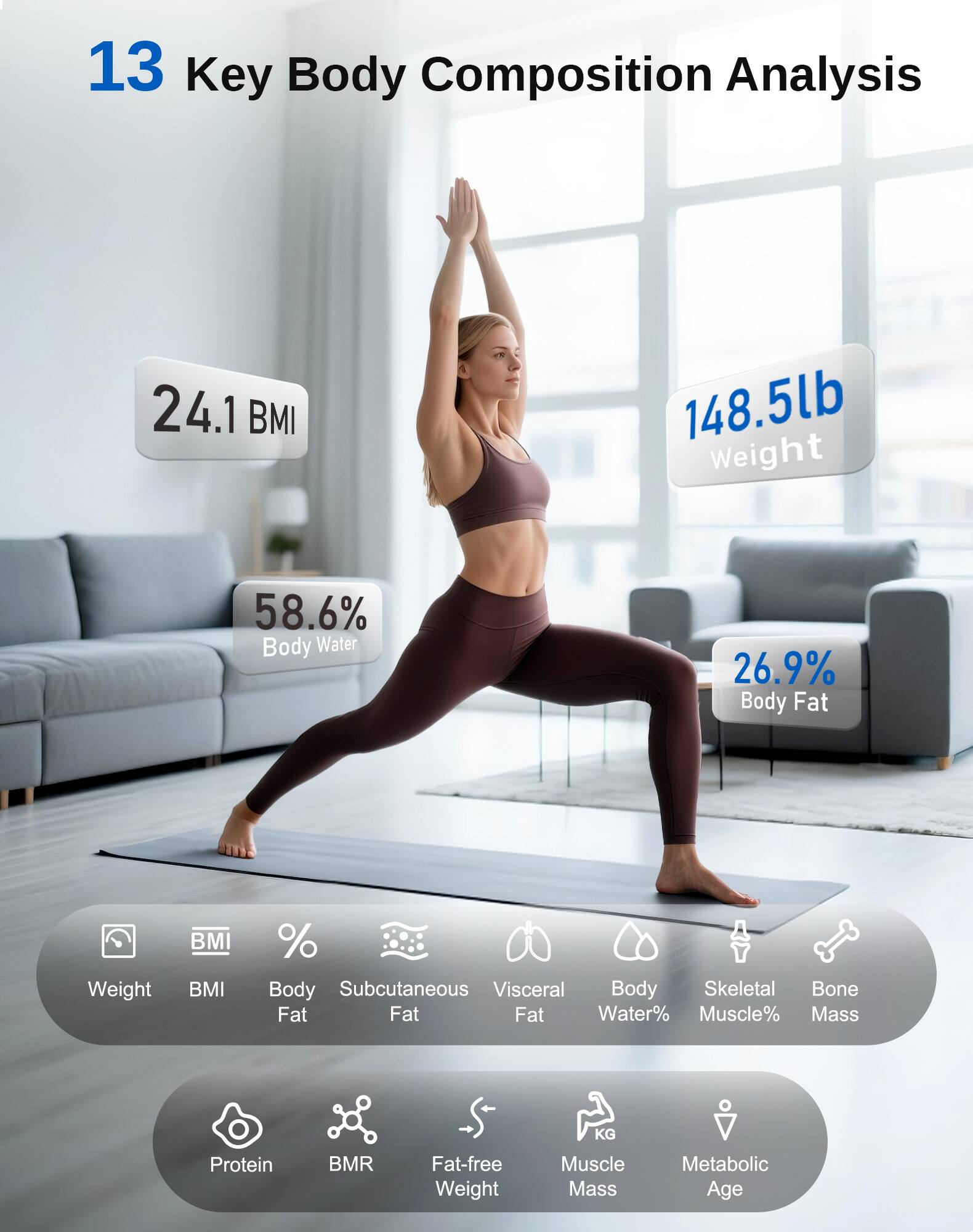 13 Key Body Composition Analysis

- 24.1 BMI
- 148.5lb Weight
- 58.6% Body Water
- 26.9% Body Fat

BMI % Body Subcutaneous Visceral Body Skeletal Bone Fat Fat Fat Water% Muscle% Mass KG Protein BMR Fat-free Weight Muscle Mass Metabolic Age