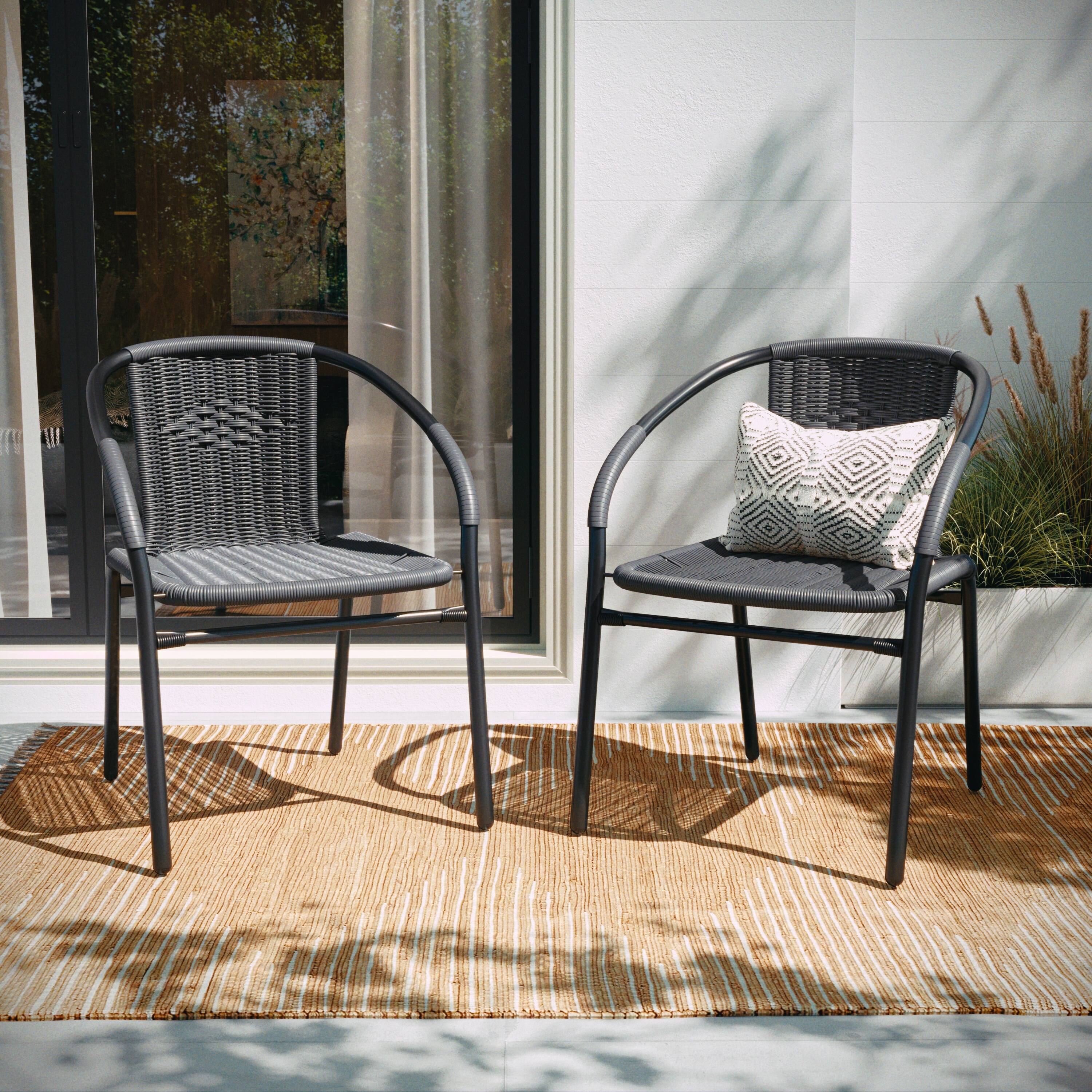 Alt View 6. Emma + Oliver - 2 Pack Rattan Indoor-Outdoor Restaurant Stack Chair with Curved Back - Gray.