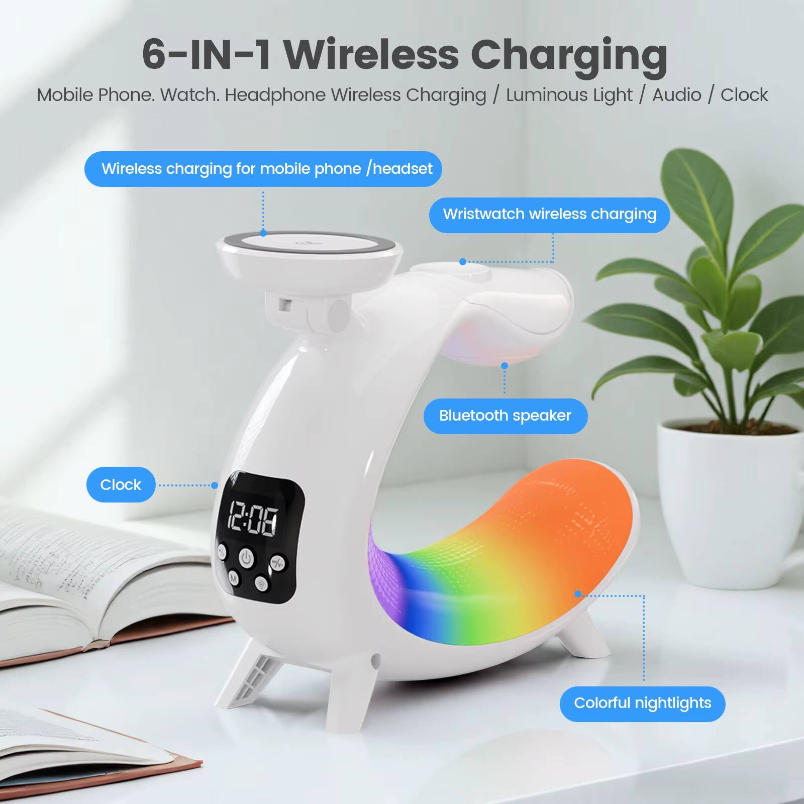 6-IN-1 Wireless Charging  
Mobile Phone. Watch. Headphone Wireless Charging / Luminous Light / Audio / Clock  

- Wireless charging for mobile phone / headset  
- Wristwatch wireless charging  
- Bluetooth speaker  
- Clock  
- Colorful nightlights