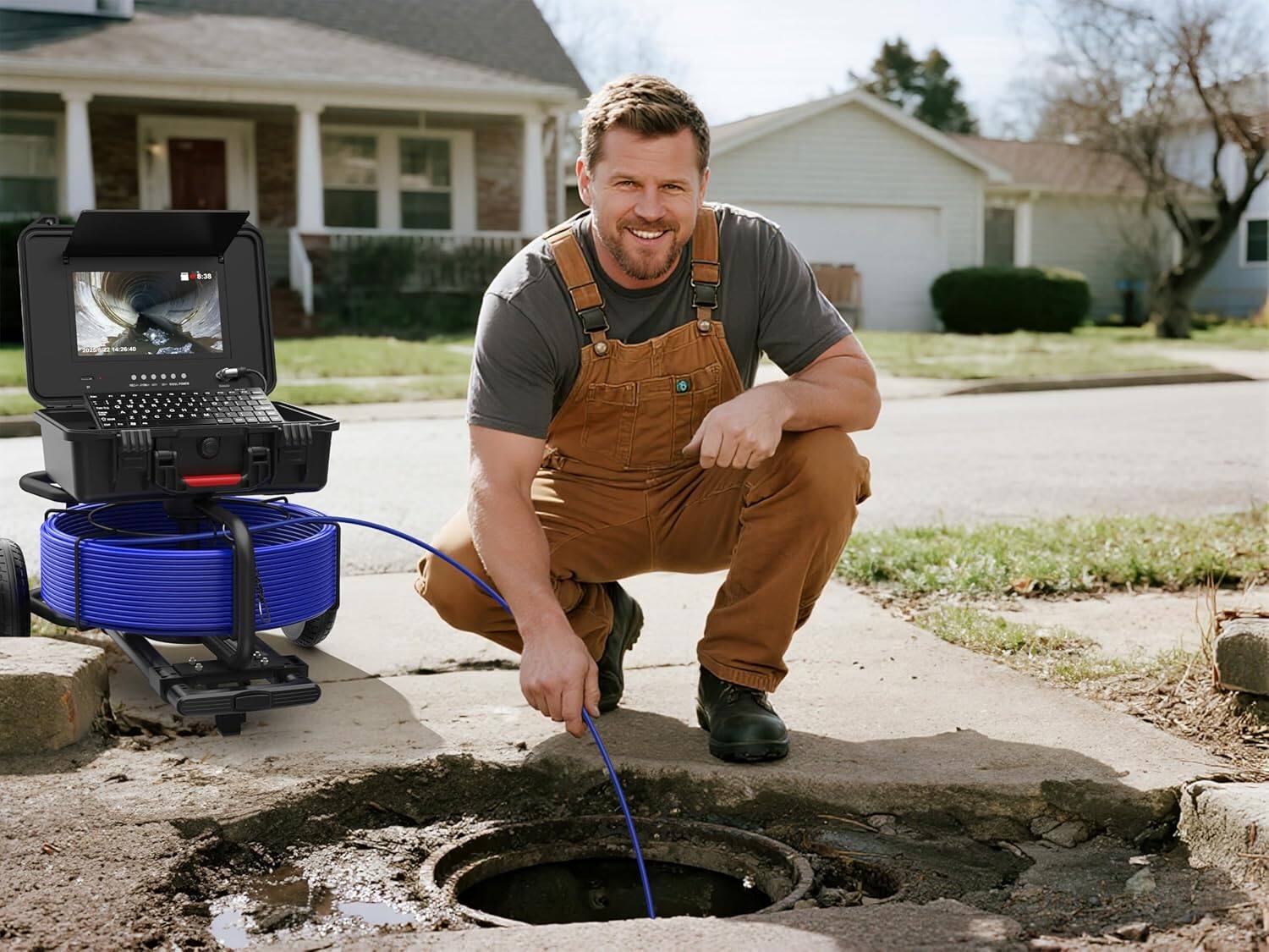 Back. Aukfa - Sewer Camera - 10" HD Borescope with Self-Leveling, IP68, 200Ft 7MM Cable, DVR, 5X Zoom.