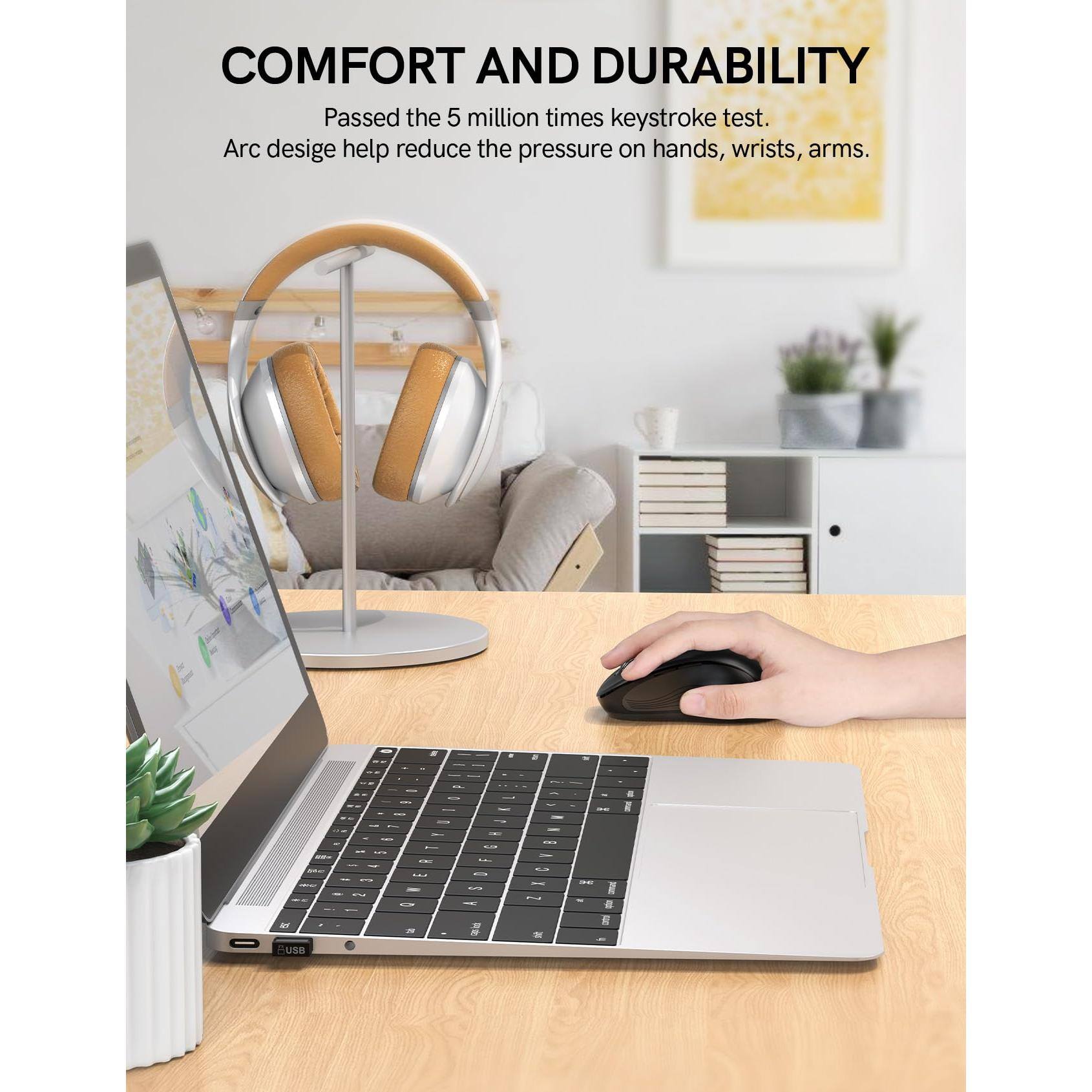 COMFORT AND DURABILITY

Passed the 5 million times keystroke test. Arc design helps reduce the pressure on hands, wrists, arms.
