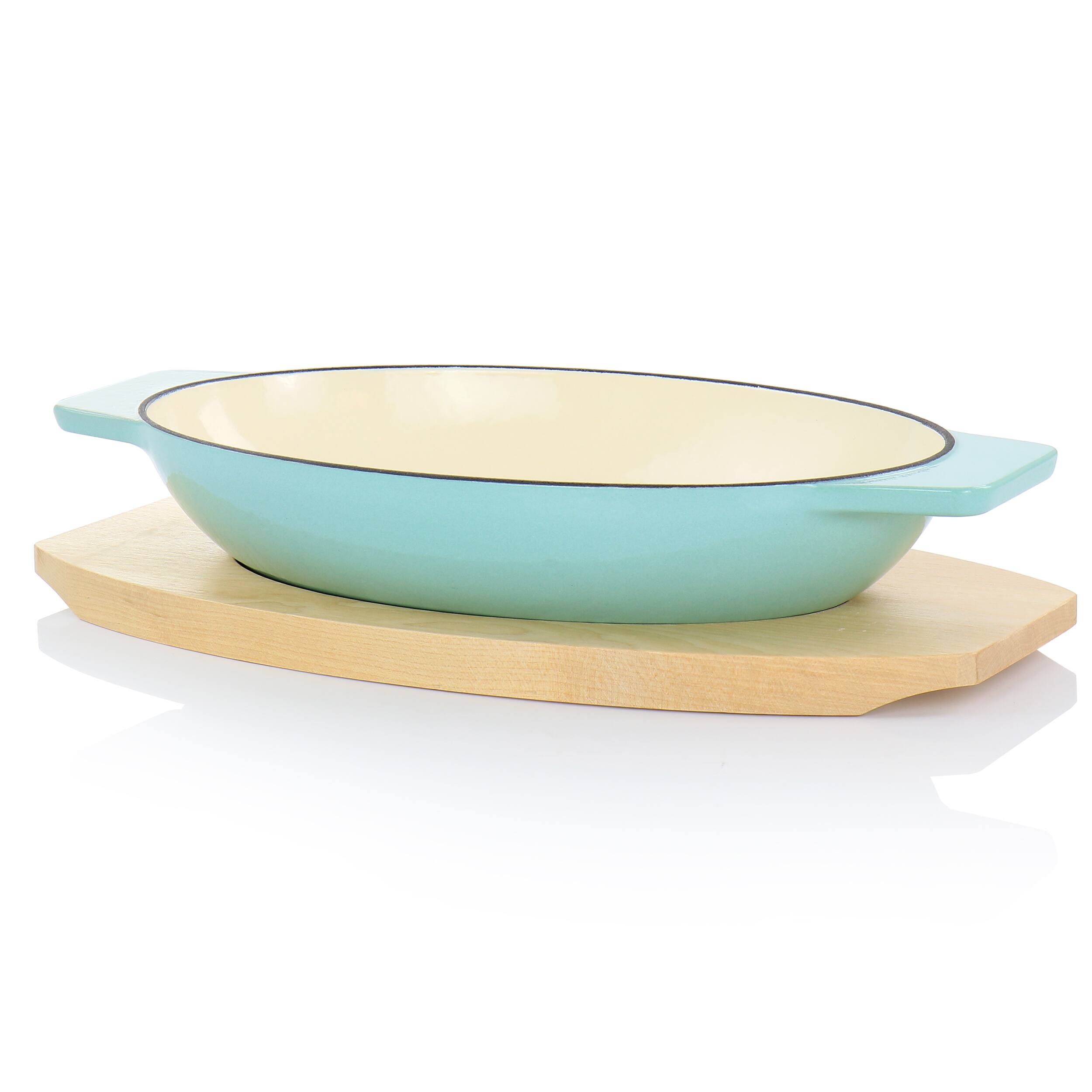 Alt View 9. Martha Stewart - Martha Stewart 2 Piece Enameled Cast Iron Oval Casserole Birch Wood Trivet Set in Aqua - Aqua.