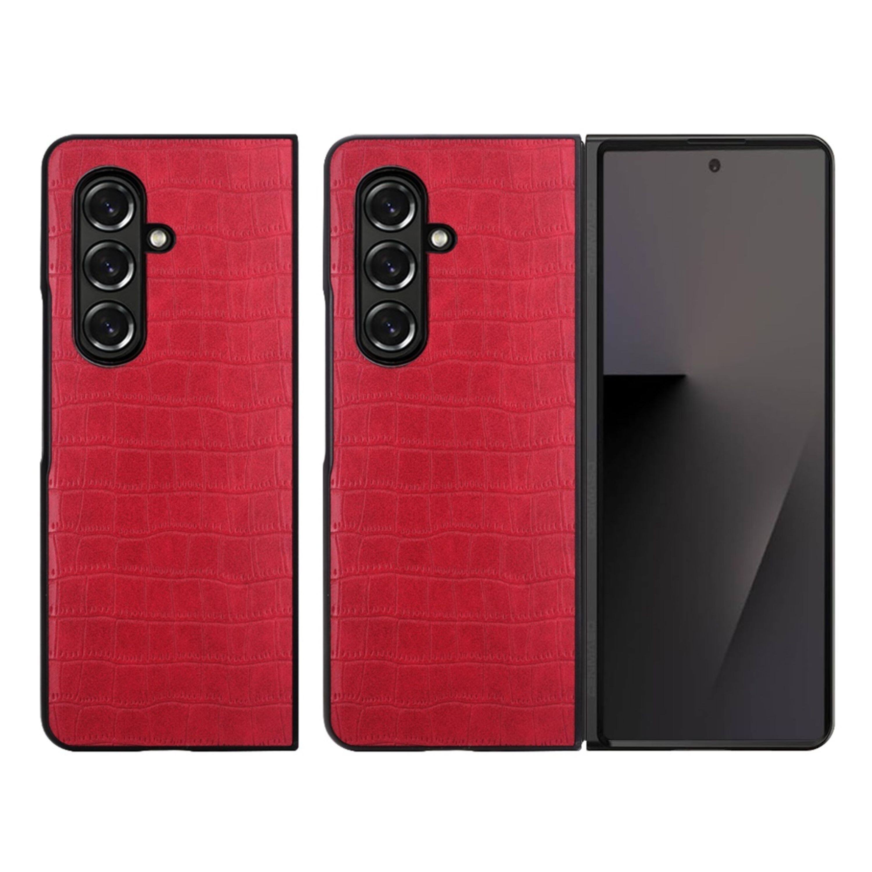 Left. Kitcheniva - Vegan Leather Croc Design Case With Tempered Glass For Samsung Galaxy Z Fold7 Red - Red.