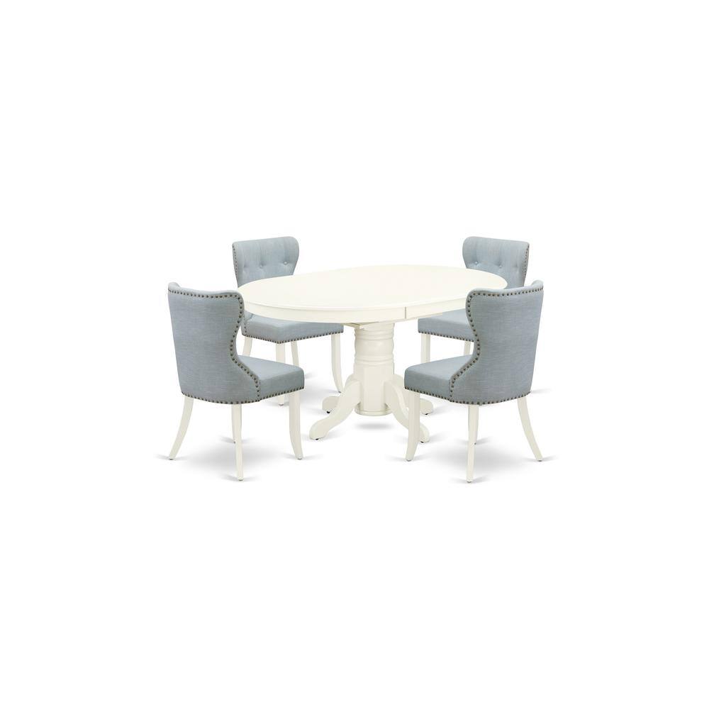 Left. East West Furniture - East-West Furniture AVSI5-LWH-15 - A dining room table set of 4 excellent parson chairs with Linen Fabric Baby Blue - Linen White.