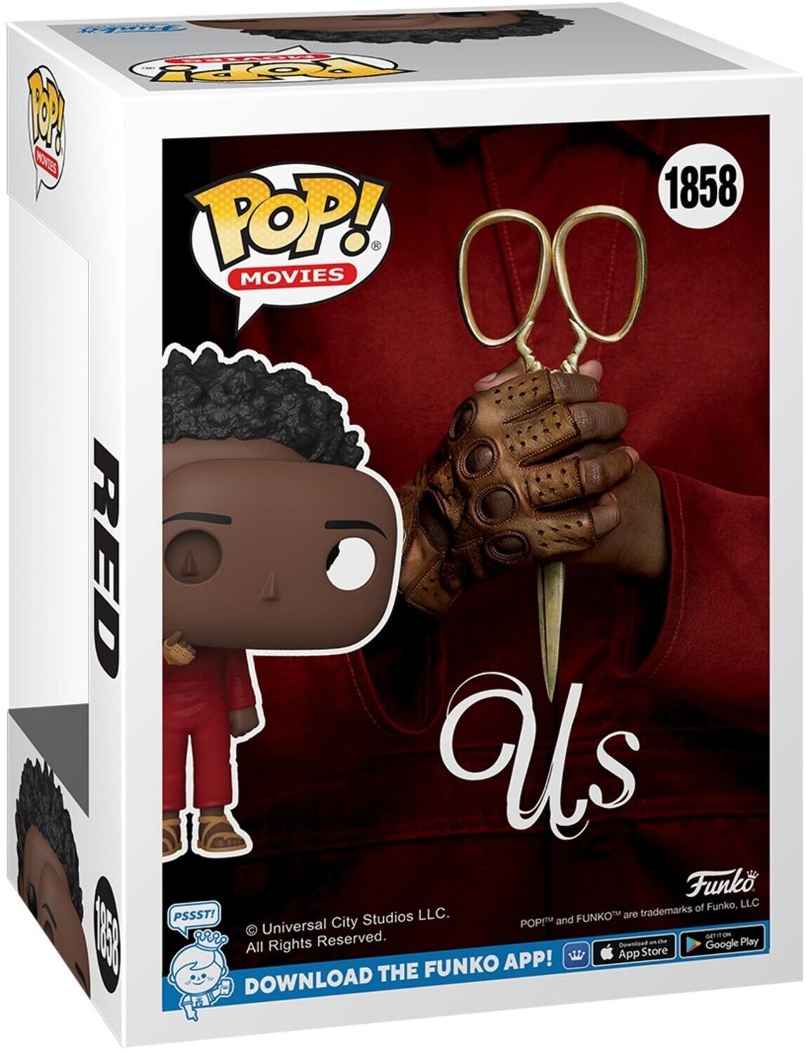 POP! MOVIES, 1858, RED, Us, Funko, LLC, PSSST!, Universal City Studios, All Rights Reserved, DOWNLOAD THE FUNKO APP!, App Store, Google Play, DOWNLOAD
