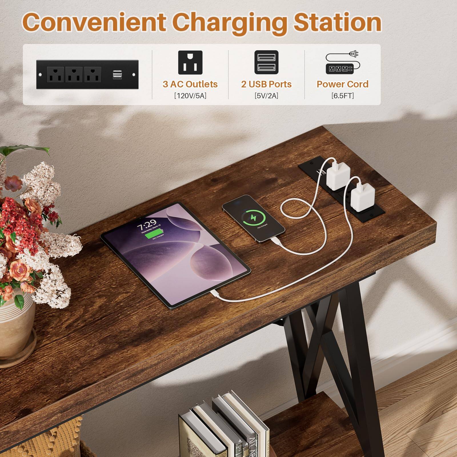 Convenient Charging Station

3 AC Outlets (120V/5A)
2 USB Ports (5V/2A)
Power Cord (6.5FT)