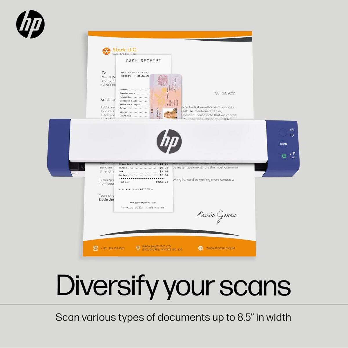 hp Stock LLC.  
SAFE AND SECURE CASH RECEIPT  
To: MS. JUN  
Recept: 3505726  
Date: 08/12/2022 03:41:12  
MS. JUN  
SANFORD  
Subject: Hope you enjoyed last month's paint supplies. As mentioned earlier, payment. Please note that we charge $58.25 for instant payment. It is the most common time for instant payment.  
Total: $324.00  
Yours sincerely,  
Kevin Jones  
Service call: 1-188-118-811  
www.stockllc.com  

Diversify your scans  
Scan various types of documents up to 8.5" in width