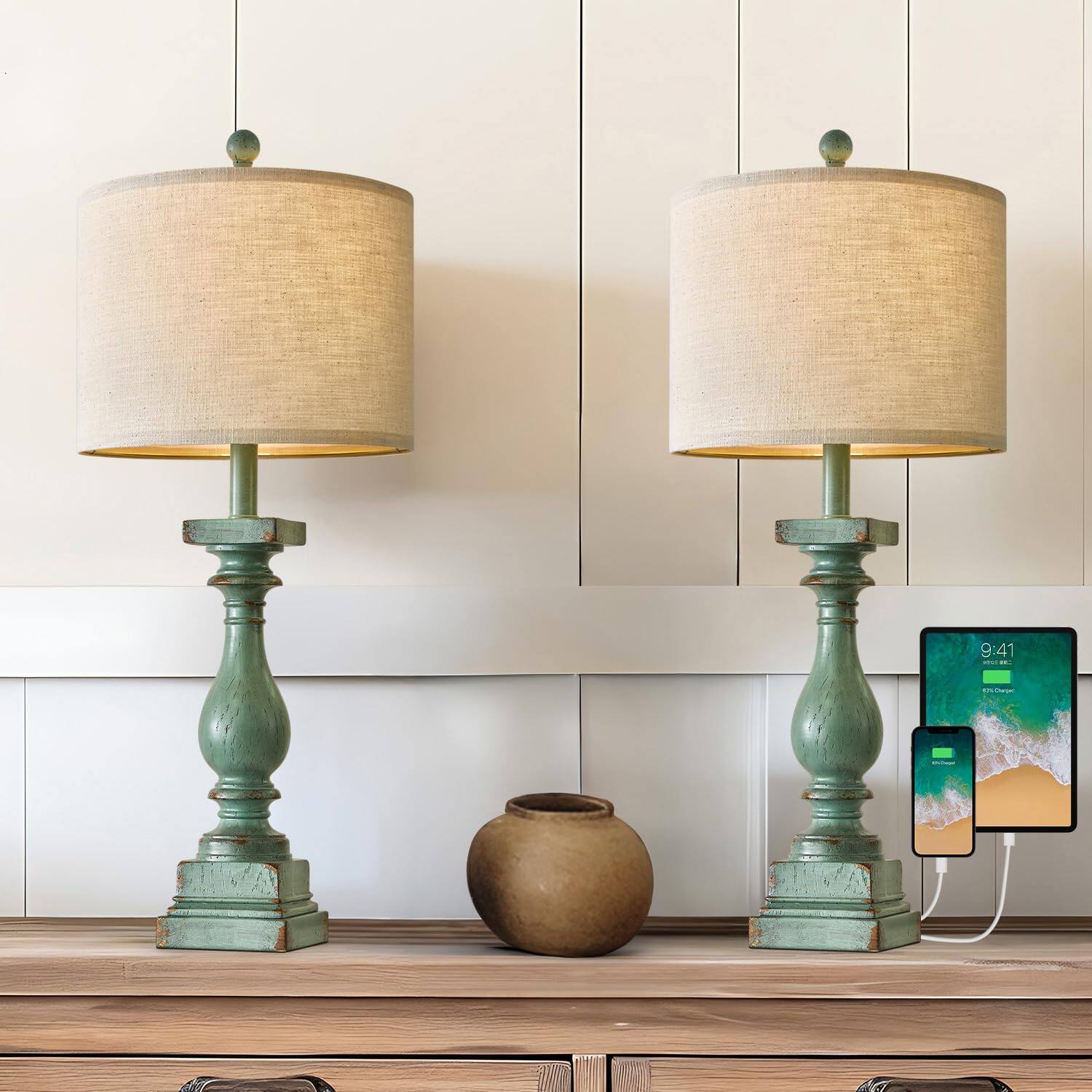 JETRANSPORT - 27" Farmhouse Table Lamps With Usb-a +c Ports Vintage Rustic Side Set Of 2 Linen Shade Retro Bedside Night St - 2 Pack Rotary Switch-Antique Green