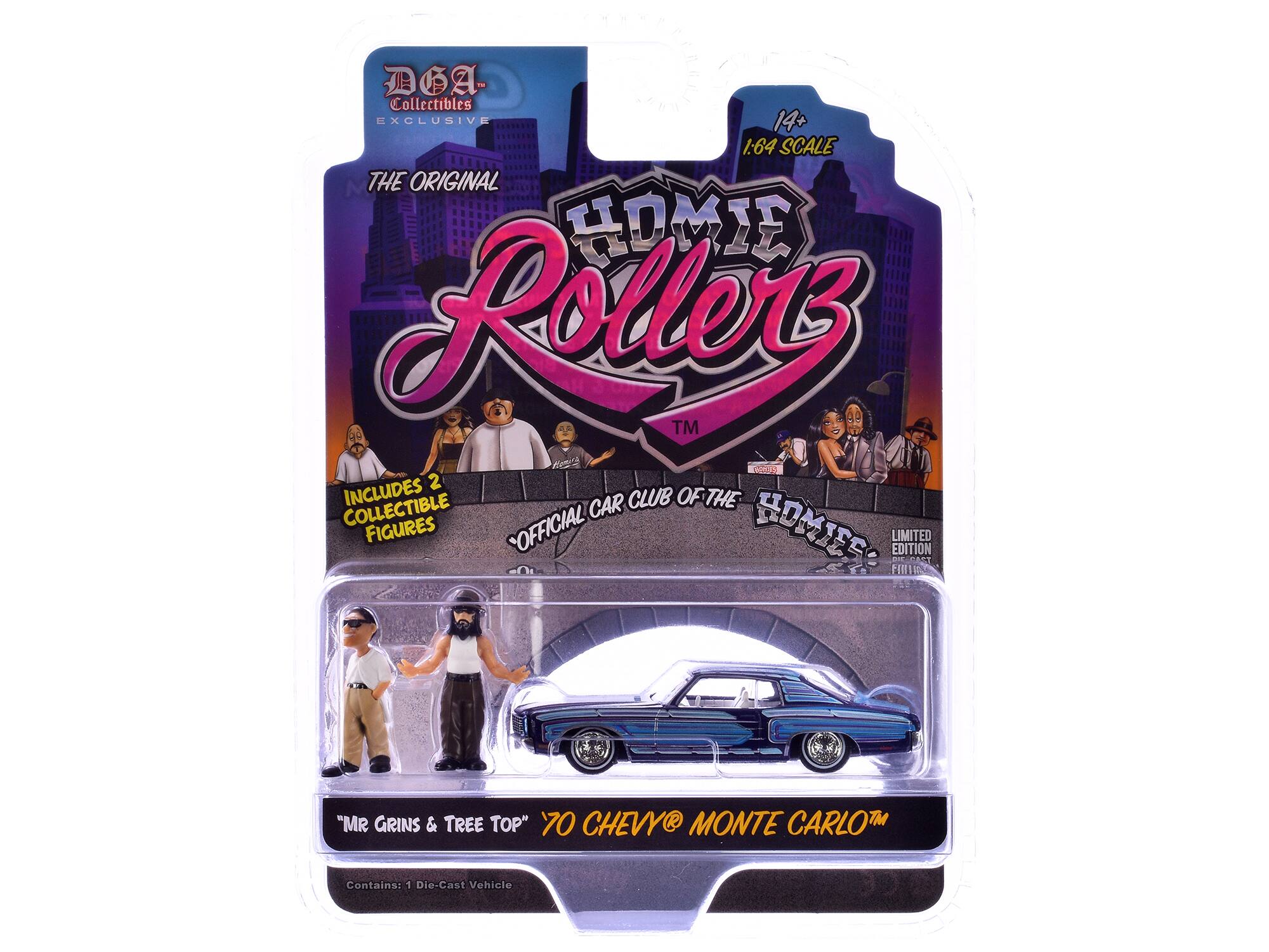 DGA Collectibles EXCLUSIVE 14+ 1:64 SCALE THE ORIGINAL HOME Roller™ 2 INCLUDES CAR CLUB OF THE COLLECTIBLE FIGURES OFFICIAL HOMIES - EDITION LIMITED "MR GRINS & TREE TOP" 70 CHEVY MONTE CARLO Contains: 1 Die-Cast Vehicle
