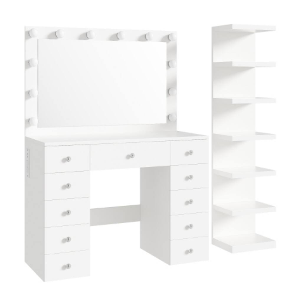 Alt View 4. LUCKY ONE - Vanity Desk with 12-Bulb Hollywood Mirror, 11 Drawers, 7-Tier Shelf and Charging Station - White.