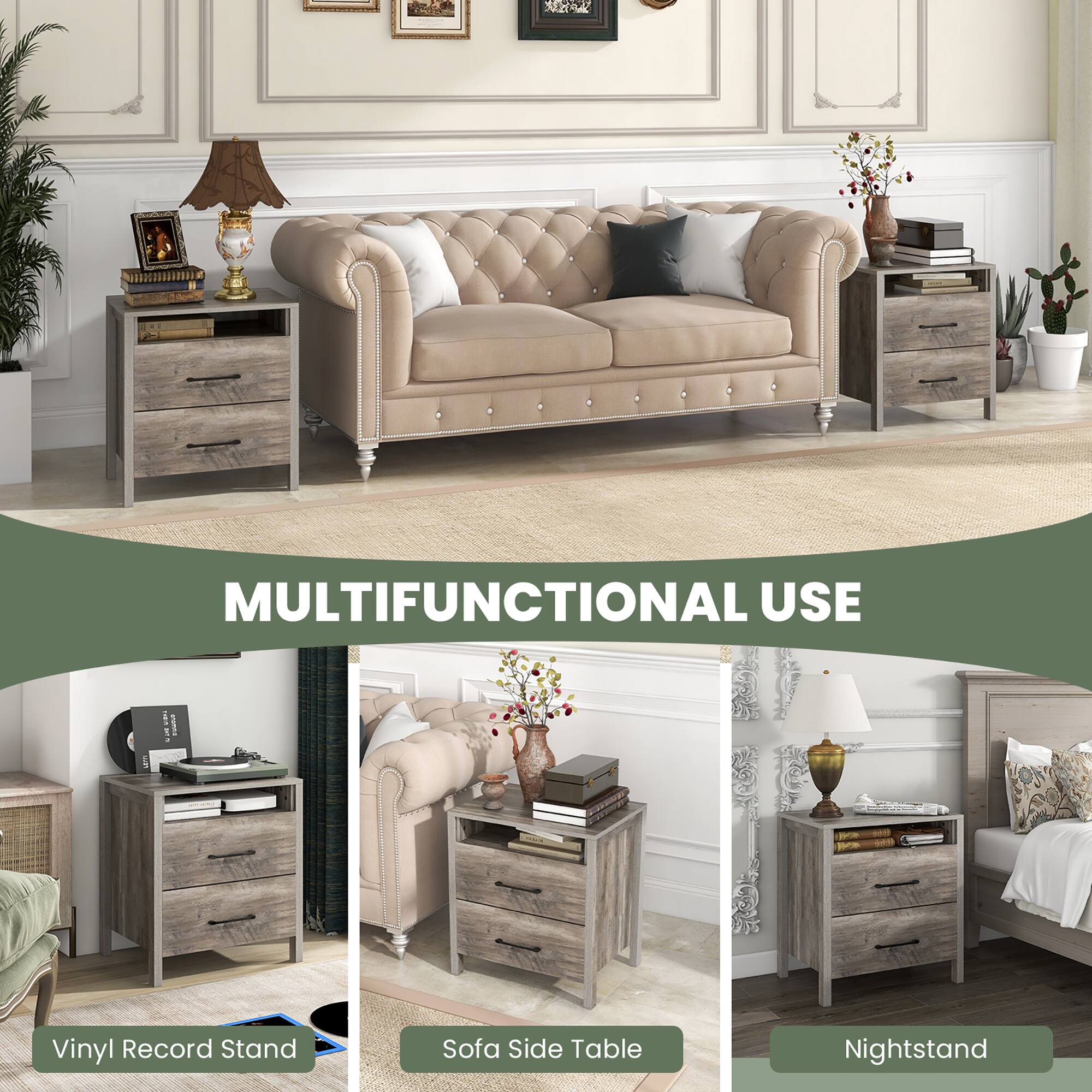 The text on the image says "MULTIFUNCTIONAL USE 1 1 I ! - Vinyl Record Stand Sofa Side Table Nightstand." This text describes the various functional uses of the furniture, such as a vinyl record stand, a sofa side table, and a nightstand.