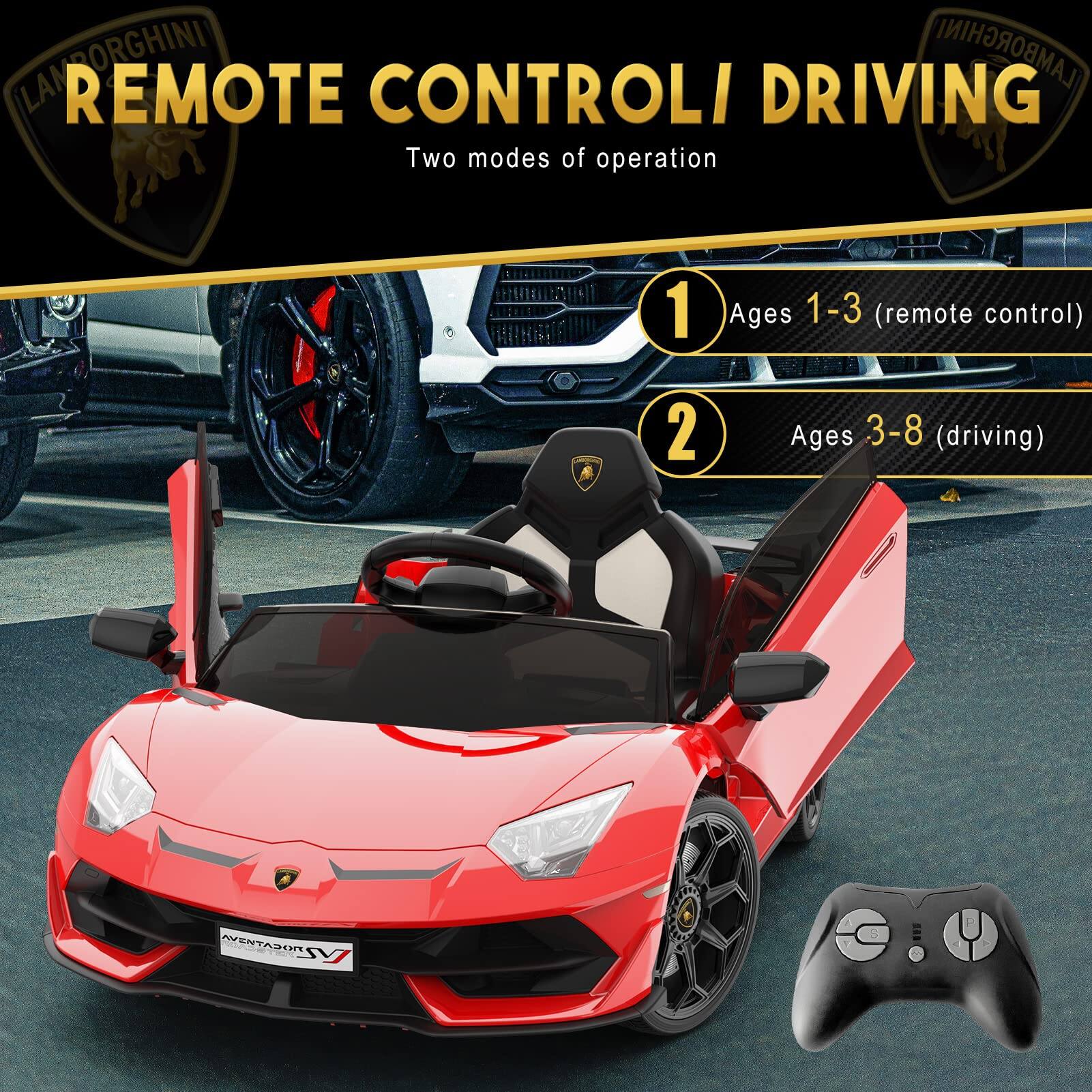 LAMBORGHINI  
REMOTE CONTROL / DRIVING  
Two modes of operation  

1. Ages 1-3 (remote control)  
2. Ages 3-8 (driving)  

AVENTADOR SV