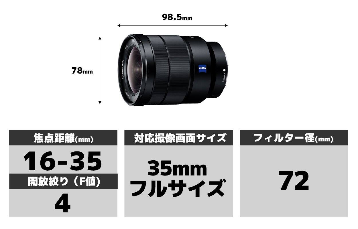 98.5mm  
78mm  
0.28m/0.92ft  
ZEISS E-mount  
(m) (mm) (m)  
16-35  
35mm  
(F)  
72  
4
