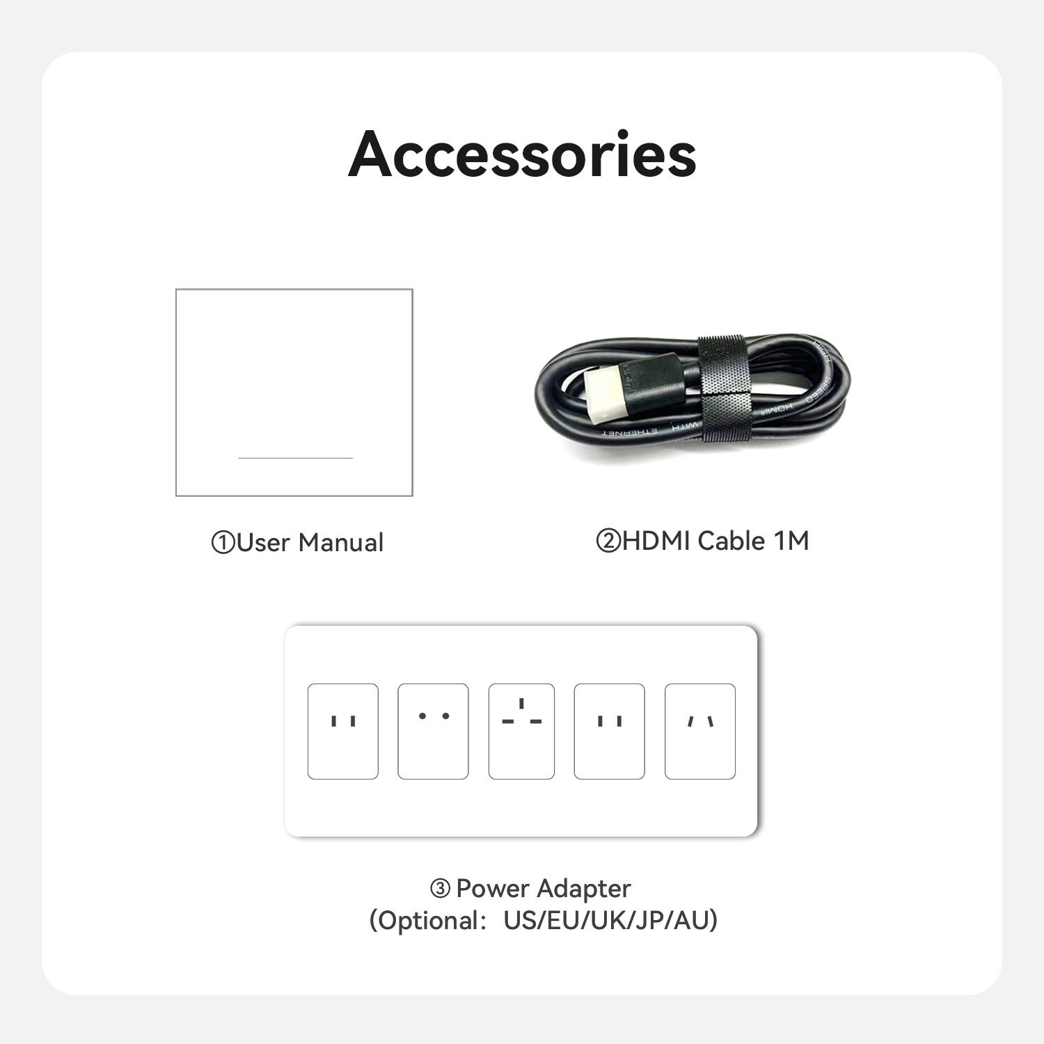 Accessories
ETHERNET
User Manual
HDMI Cable 1M
3 Power Adapter (Optional: US/EU/UK/JP/AU)