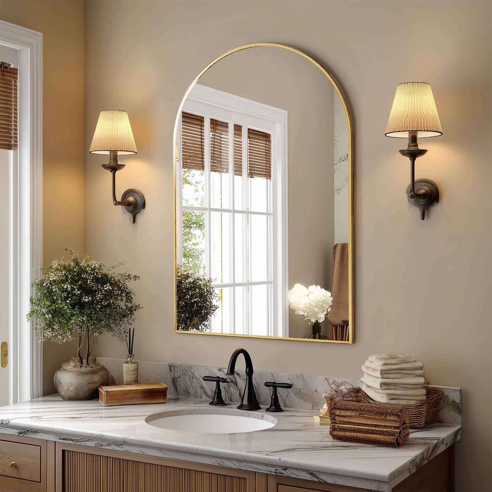 Front. DOMETOUR - 36"L x 24"W Bathroom Wall Mirror, Metal Frame Vanity Mirror for Bedroom, Entryway, Living Room - Gold.