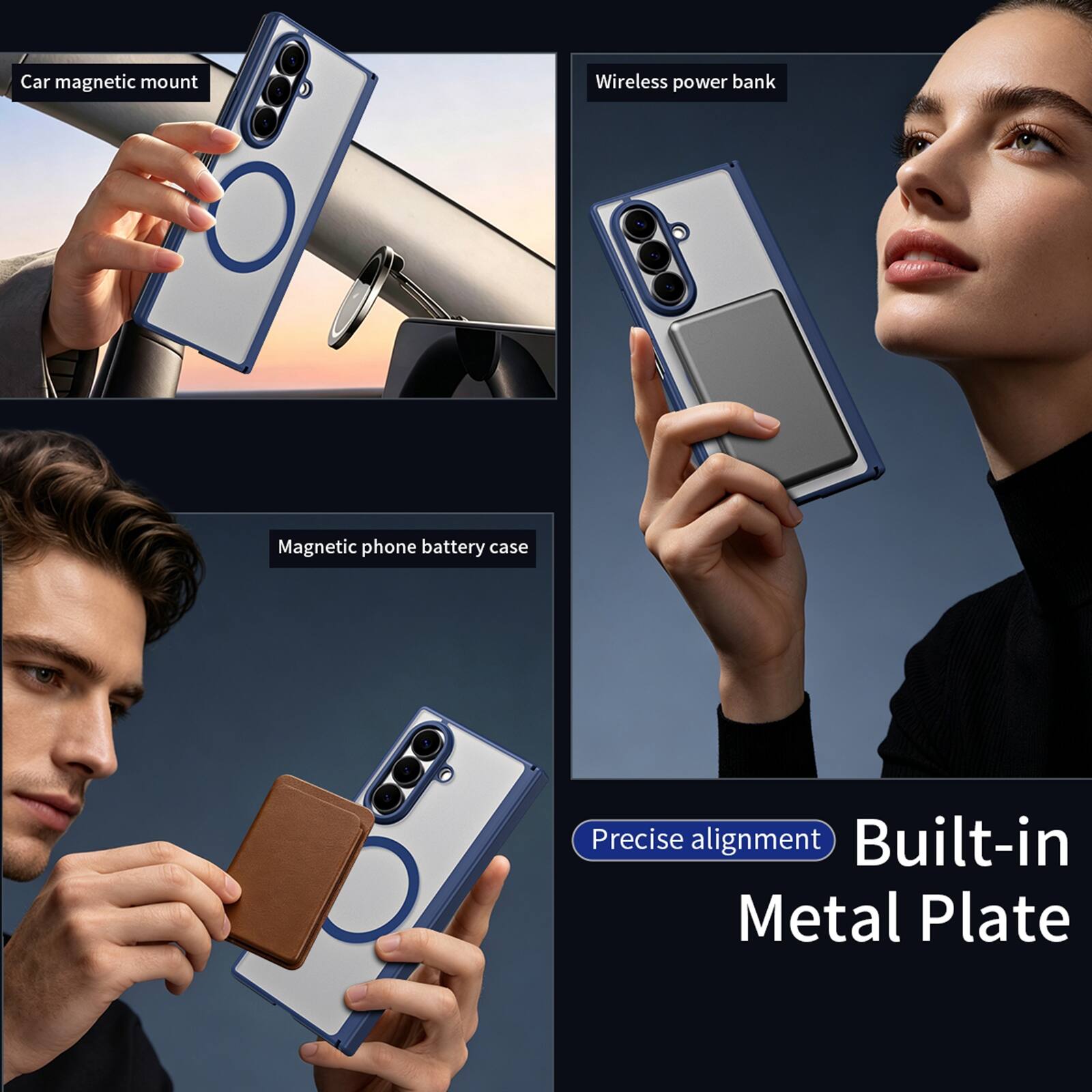 Car magnetic mount  
Wireless power bank  
Magnetic phone battery case  
Precise alignment  
Built-in Metal Plate