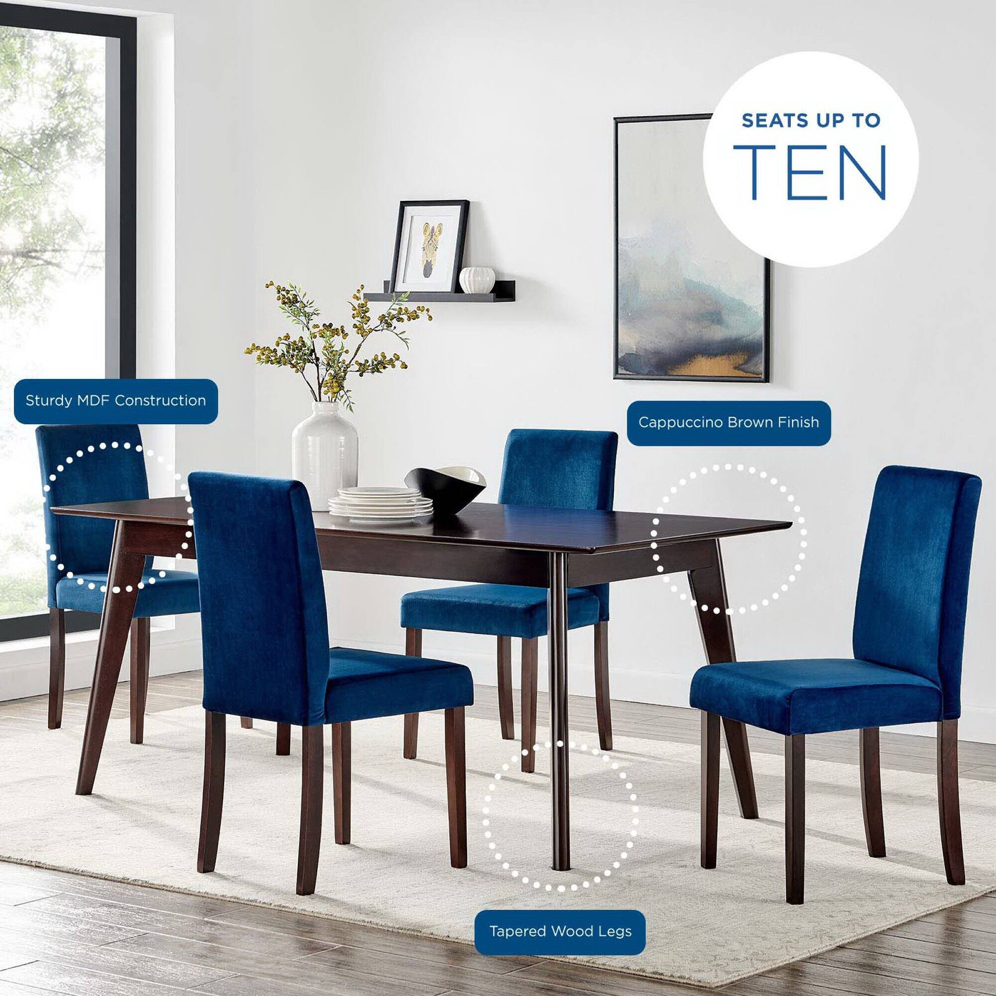 - Seats up to ten
- Sturdy MDF Construction
- Cappuccino Brown Finish
- Tapered Wood Legs