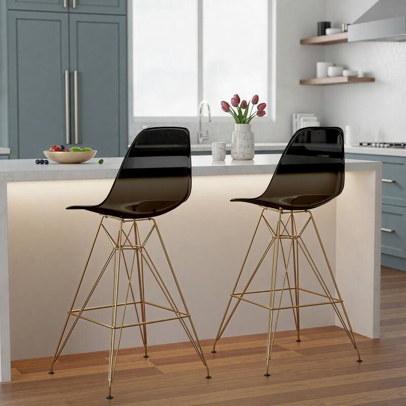 Angle. LeisureMod - Cresco Modern Acrylic Barstool, Clear Swivel Counter Height Stool with Gold Chrome Base Footrest - Transparent Black.