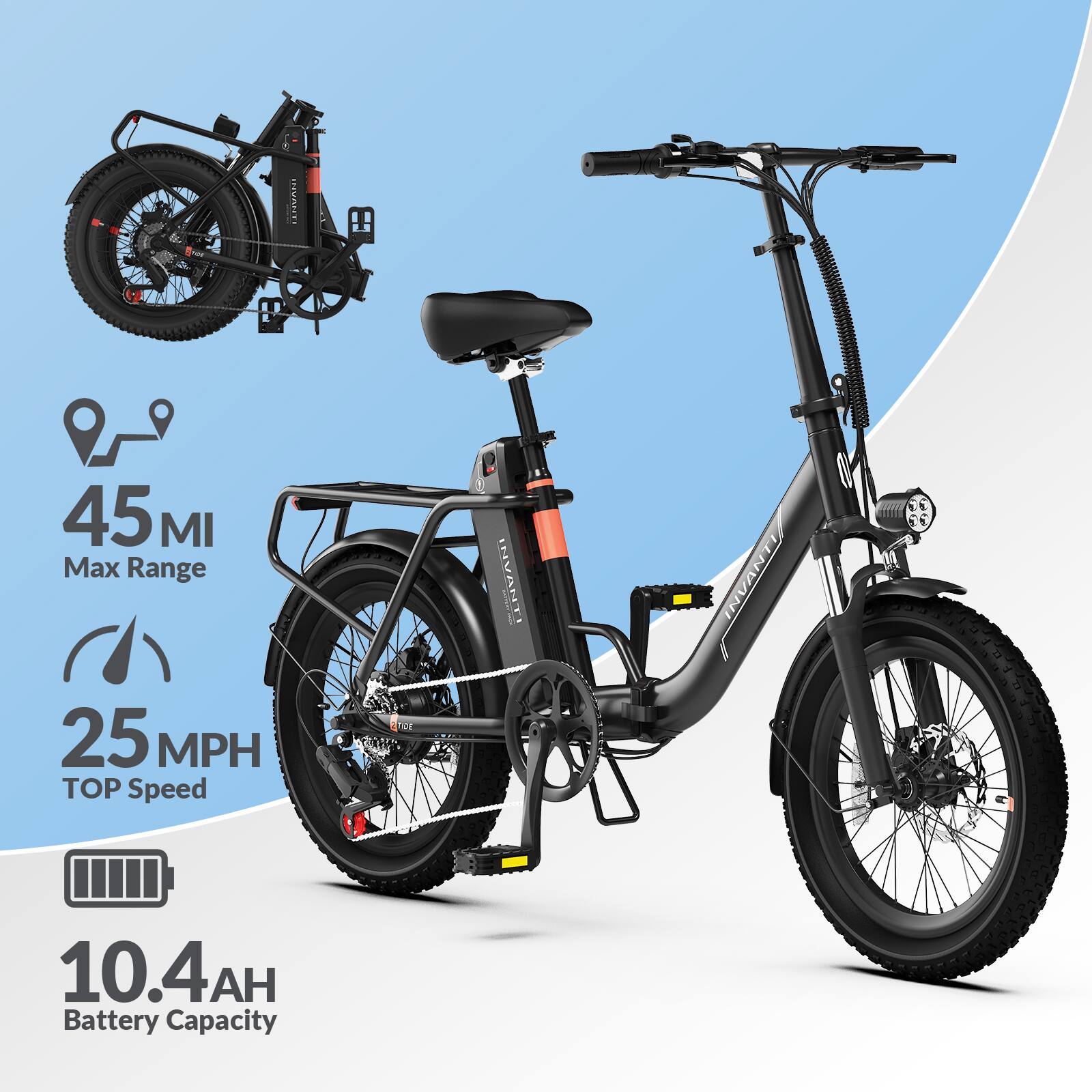 - Max Range: 45 MI
- Top Speed: 25 MPH
- Battery Capacity: 10.4 AH
