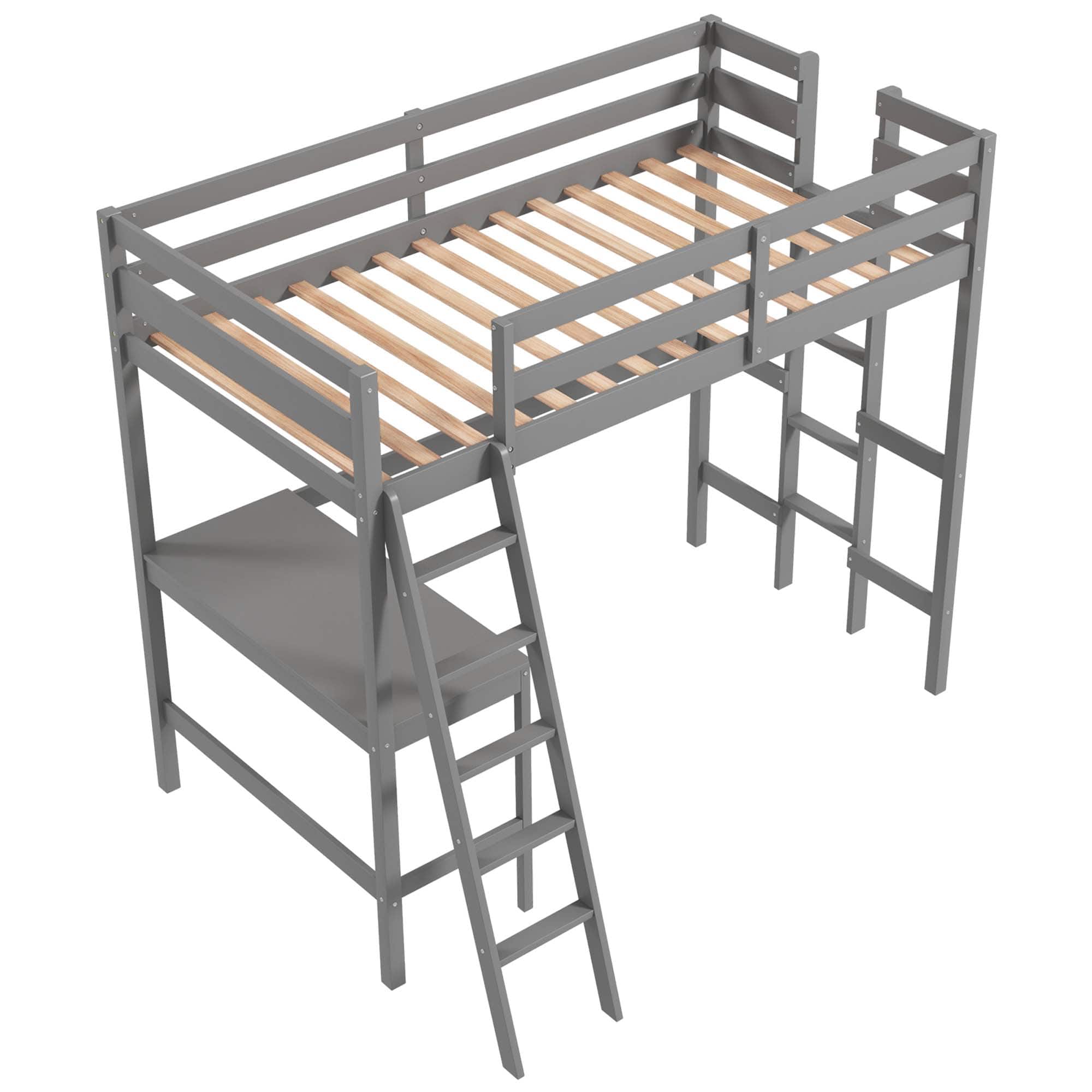 Costway - Twin Size Loft Bed w/ Desk & Shelf 2 Ladders & Guard Rail for Kids Teens Bedroom - Gray