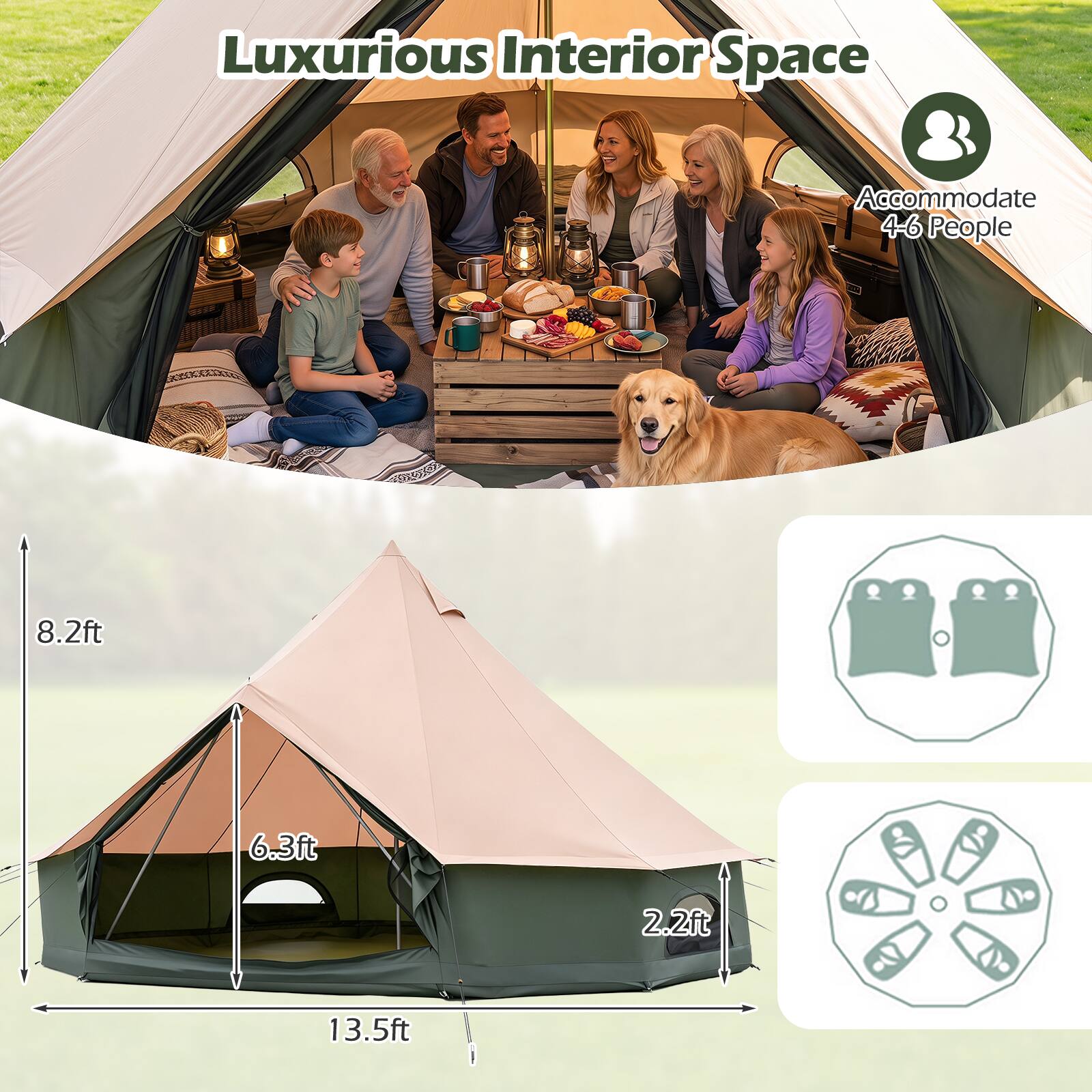 Luxurious Interior Space  
Accommodate 4-6 People  
8.2ft  
6.3ft  
2.2ft  
13.5ft