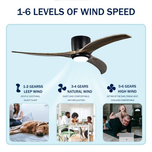 1-6 LEVELS OF WIND SPEED

1-2 GEARS: LEEP WIND
GENTLE SOOTHING, SILENT SLEEP

3-4 GEARS: NATURAL WIND
QUIET AND COMFORTABLE AIR CIRCULATION

5-6 GEARS: HIGH WIND
GET RID OF THE SWELTERING HEAT, COOL AND COMFORTABLE