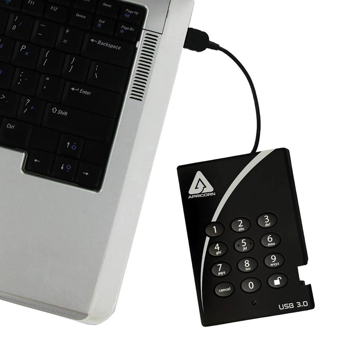 | 6 3 F11 F12 - 0 - P * { I - I ! Home Page UP Delete End Page On + = Backspace } ] : I > Ctrl ? + I Shift Enter t 4 APRICORN 1 4 gh 7 e cancel 2 ebc 5 jk 8 DUY 0 3 del 6 mno 9 wxyz USB 3.0