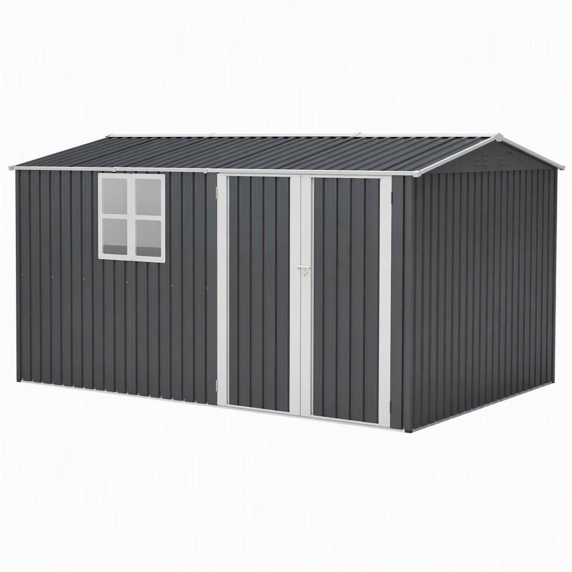 Front. RYHNUYNE - 8x12 ft Steel Shed Window Hinged Gray Doors 4 Vents Waterproof UV Protected Lawn - Gray.