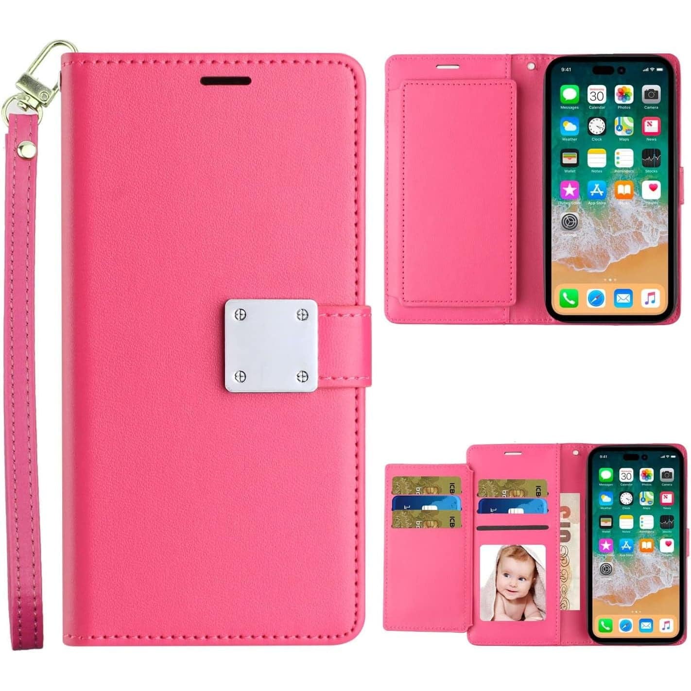 Entronix - Case Compatible with Galaxy S26 Plus - Foldable Leather Wallet, Card Holder & Lanyard - Hot Pink