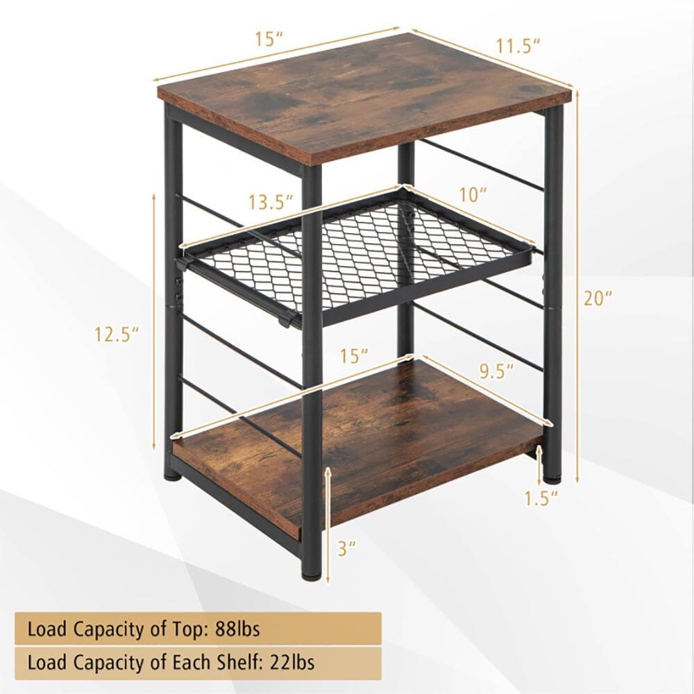 15" 11.5" 13.5" 10" 20" 12.5" 15" 9.5" 1.5" 3"  
Load Capacity of Top: 88lbs  
Load Capacity of Each Shelf: 22lbs