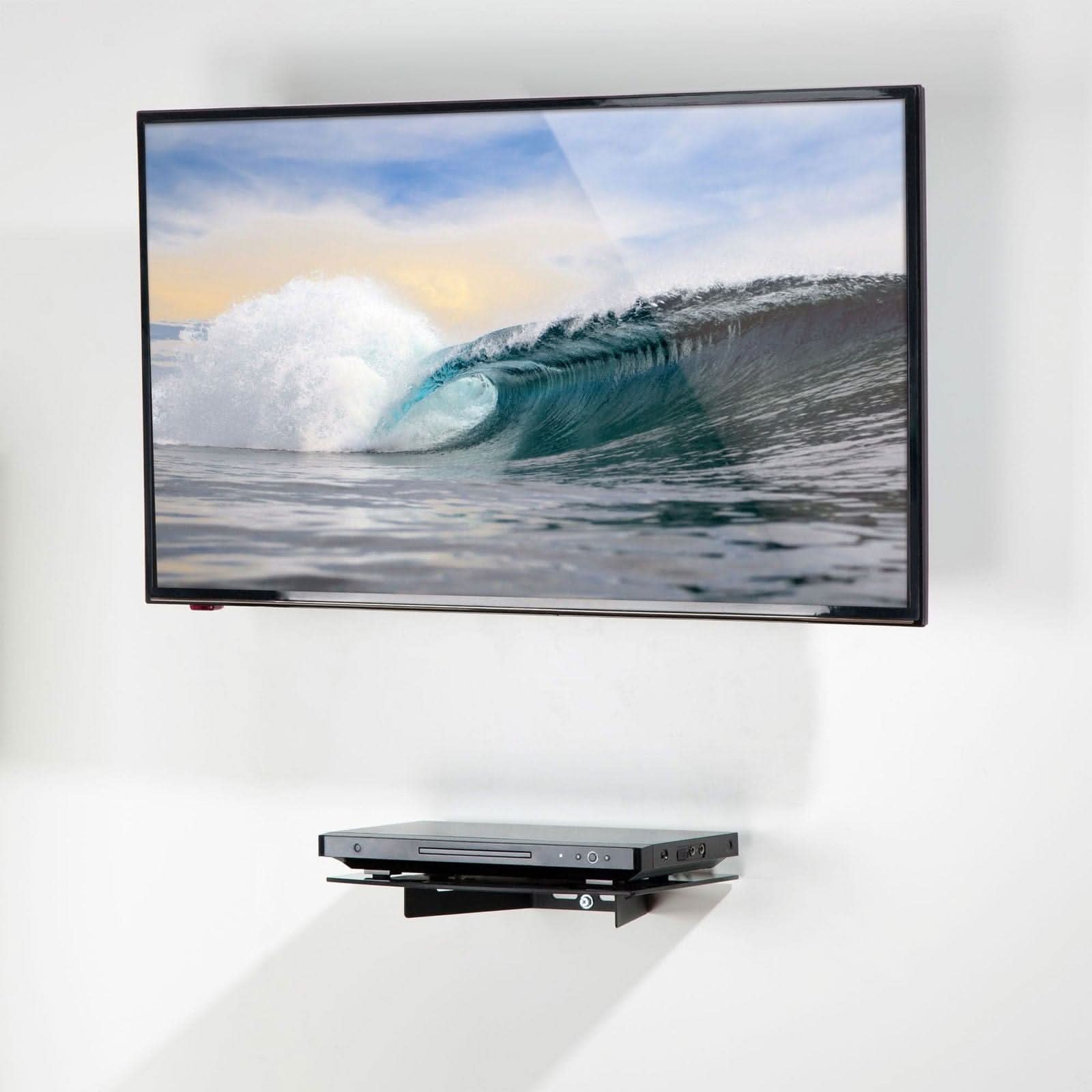 Angle. Mount-It! - Floating A/V Component Wall‑Mounted Glass Shelf with Tempered Glass & Heavy‑Duty Steel Frame for Electronics, Black - Black.