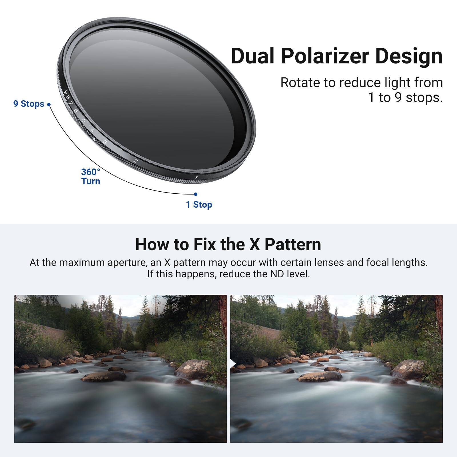9 Stops & Dual Polarizer Design  
Rotate to reduce light from 1 to 9 stops.  
360° Turn  
1 Stop  

How to Fix the X Pattern  
At the maximum aperture, an X pattern may occur with certain lenses and focal lengths. If this happens, reduce the ND level.