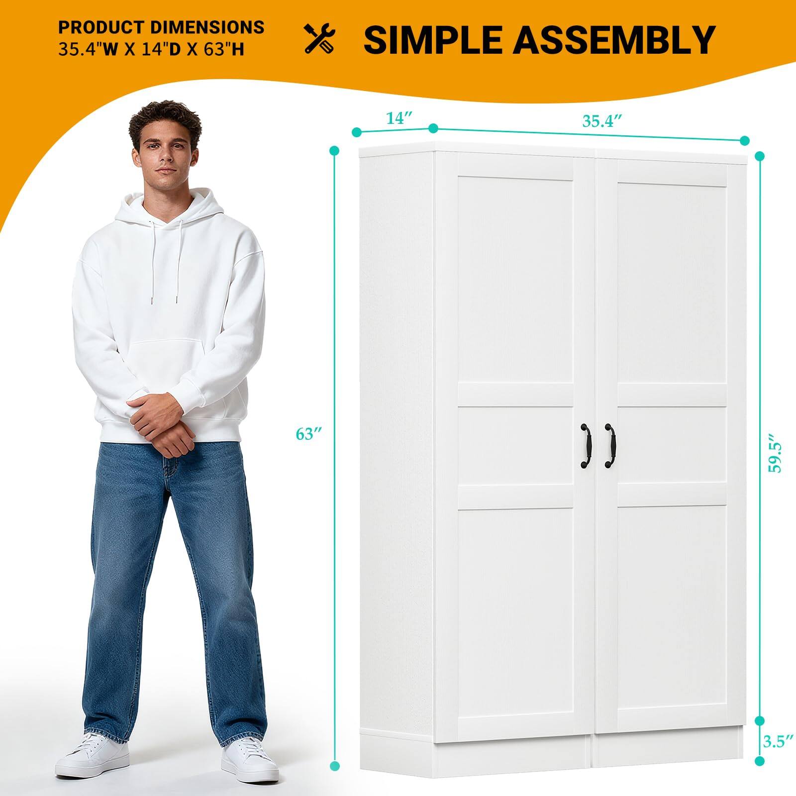 PRODUCT DIMENSIONS  
35.4"W X 14"D X 63"H  

SIMPLE ASSEMBLY  
14"  
35.4"  
63"  
59.5"  
3.5"