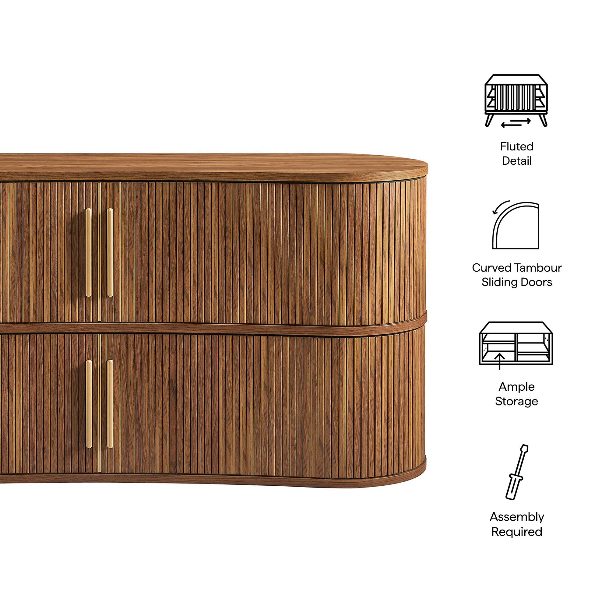 Fluted Detail  
Curved Tambour Sliding Doors  
Ample Storage  
Assembly Required