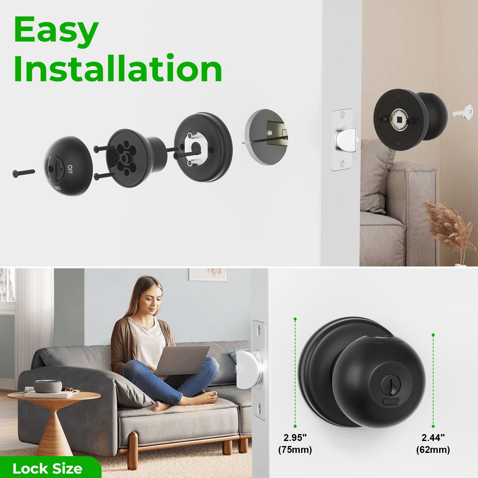 Easy Installation, Lock Size 2.95" (75mm) 2.44" (62mm)