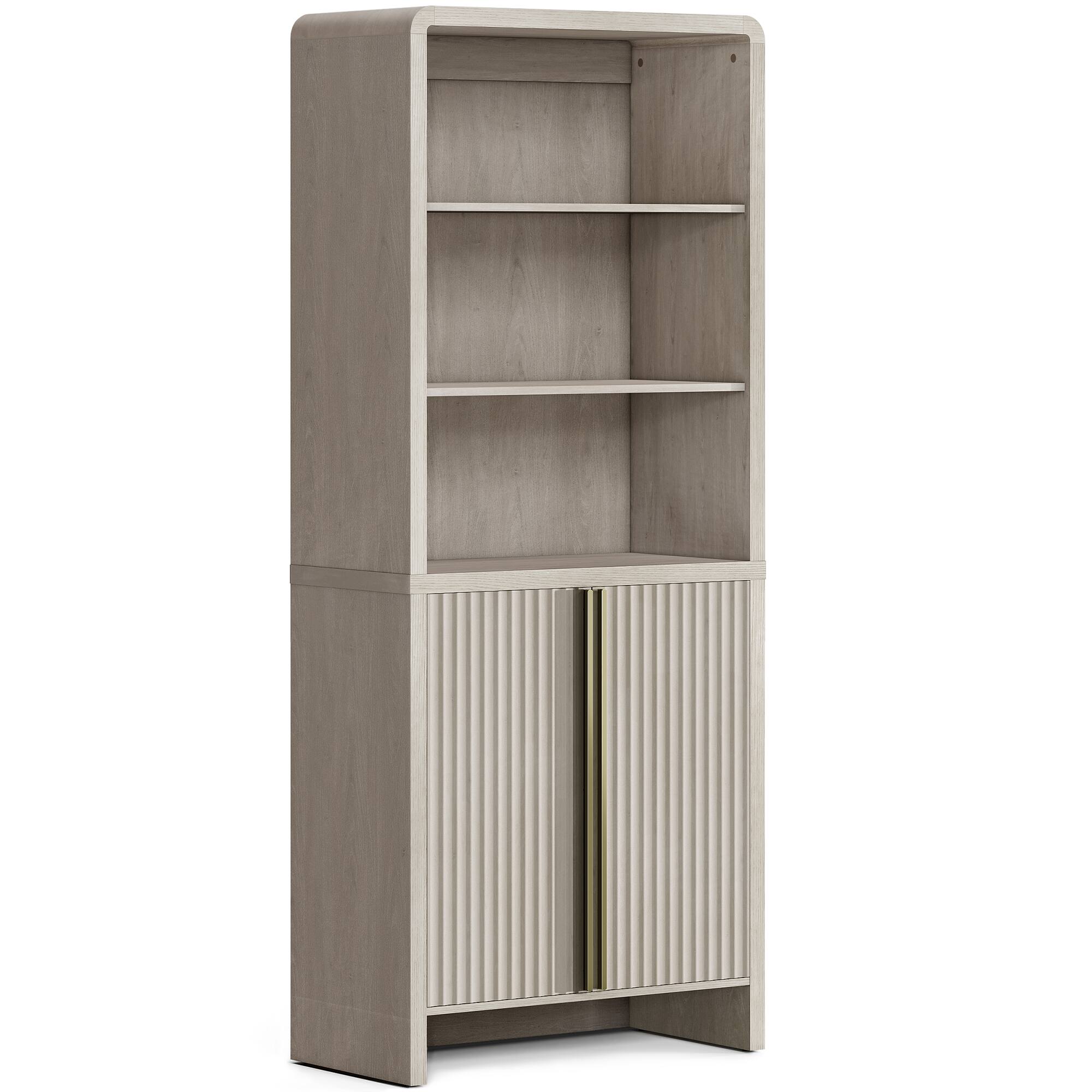 Alt View 5. ModernMate - Fluted Book Shelf with Doors, Bookcases with 3 Open Shelves & 3 Hidden Shelves - White Alder.