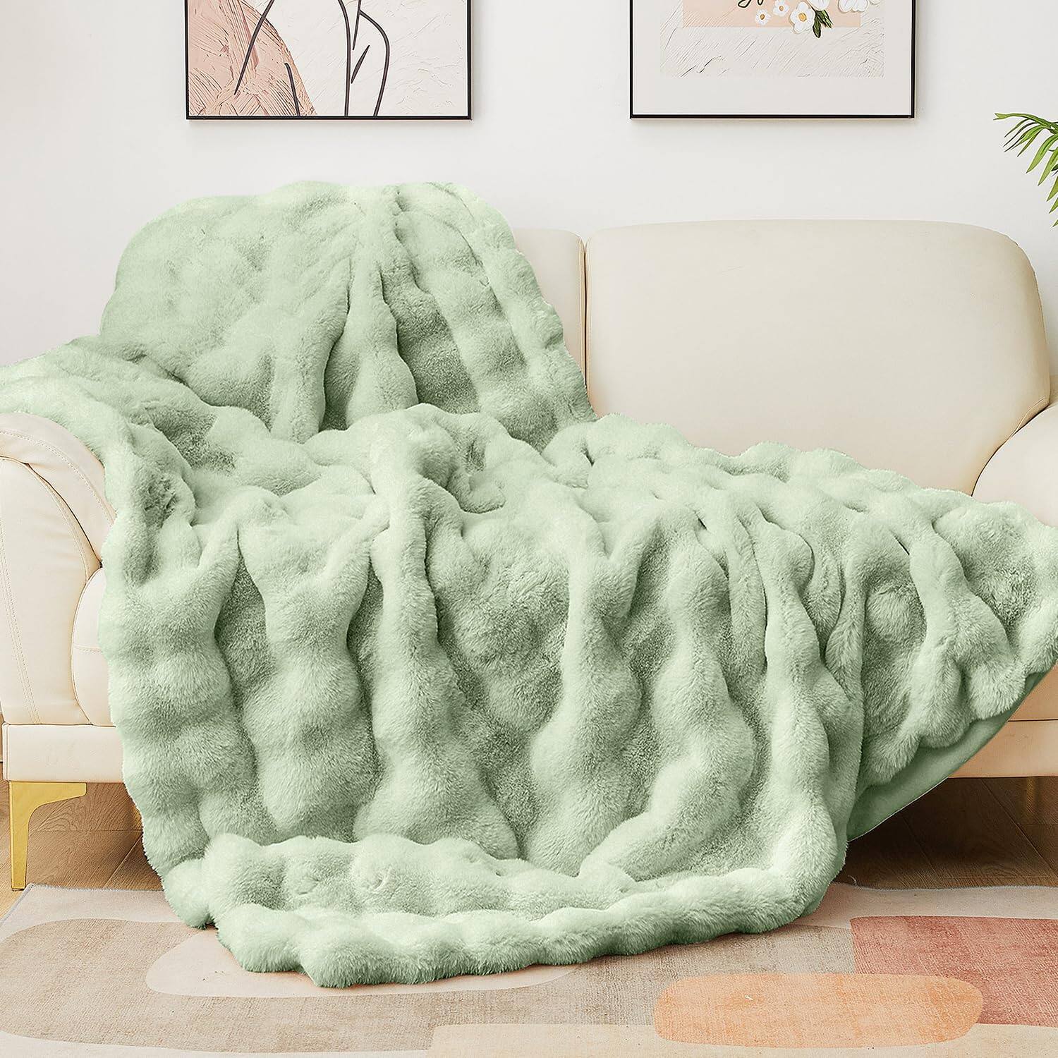 Front. Dapper Styles - Faux Throw Blanket For Couch Bubble Cute Soft Warm Comforter Thick Furry Sofa Bedroom Cozy Blankets Women - Sage Green-Throw-50''*60''.