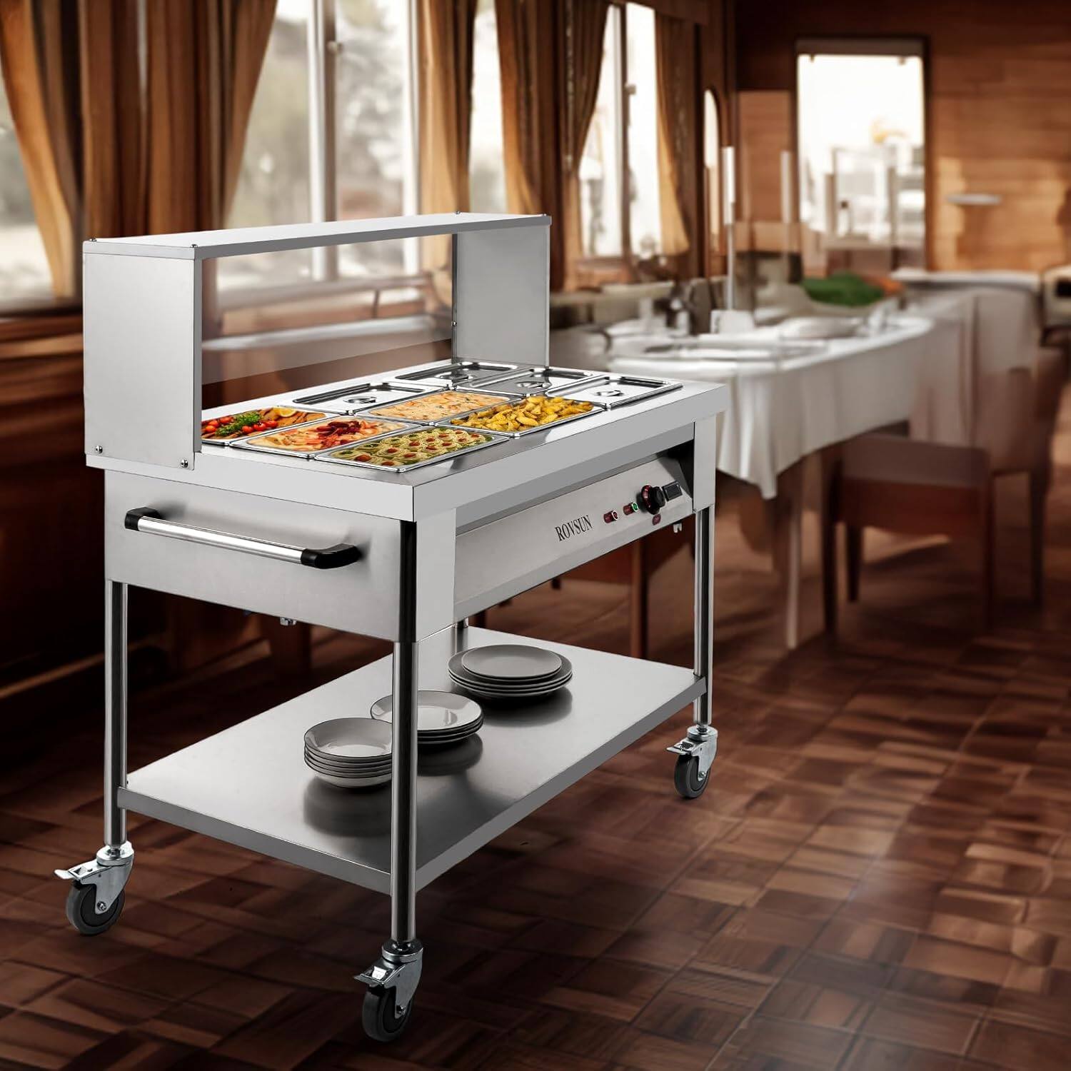 Alt View 7. Winado - 72QT Steam Table, 9-Pan Electric Commercial Food Warmer Stainless Steel Bain Marie w/Acrylic Shield Overshelf 1500W 110V - Silver.