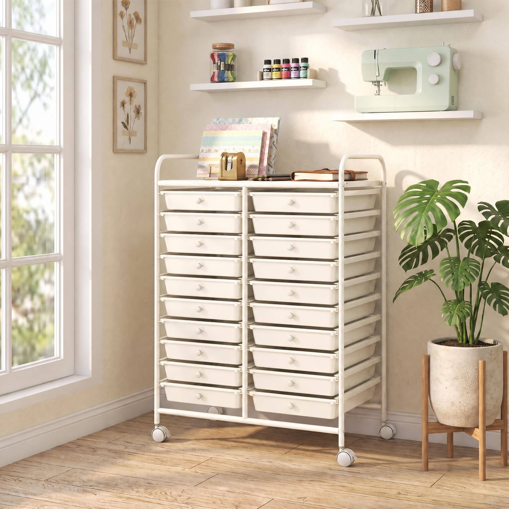 Alt View 3. Costway - Costway 20 Drawers Rolling Storage Cart Art Craft Organizer on Wheels Multipurpose - Off-White.
