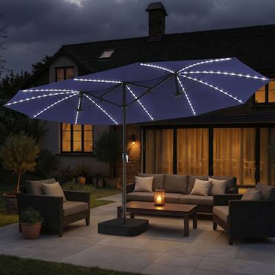 Angle. Crestlive Products - Crestlive Products 15 x 9 FT Solar Light Double-Sided Patio Outdoor Umbrella Tilting Waterproof Metal Pole Base Included - navy blue.