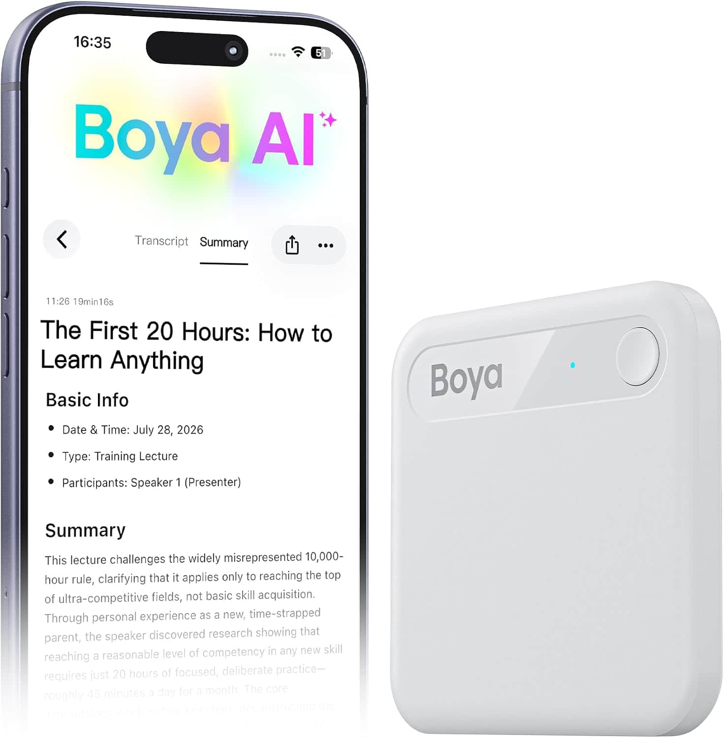 BOYA - NOTRA NEO AI Voice Recorder with Transcription and Summaries, Magnetic Digital Recorder, 8GB - White