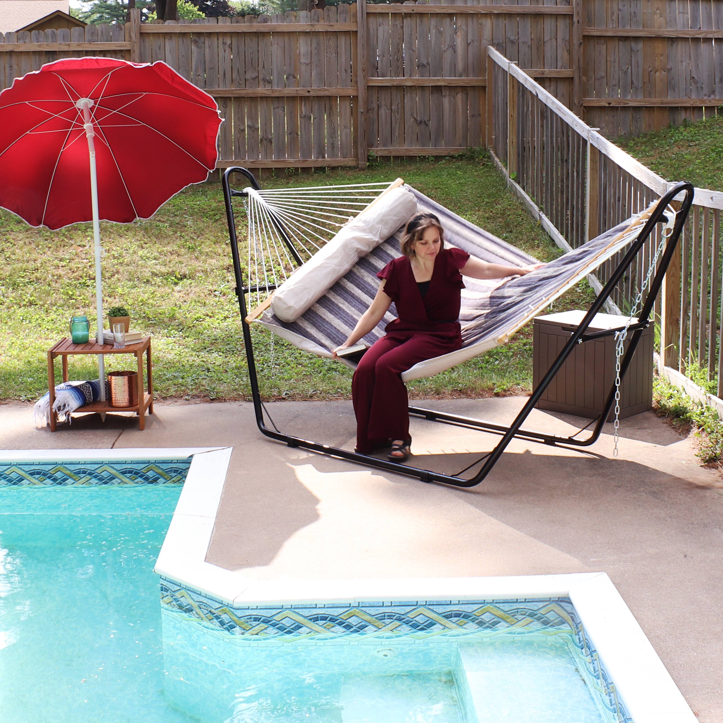 Alt View 8. Sunnydaze - Quilted 2-Person Hammock with Universal Stand - Mountainside.