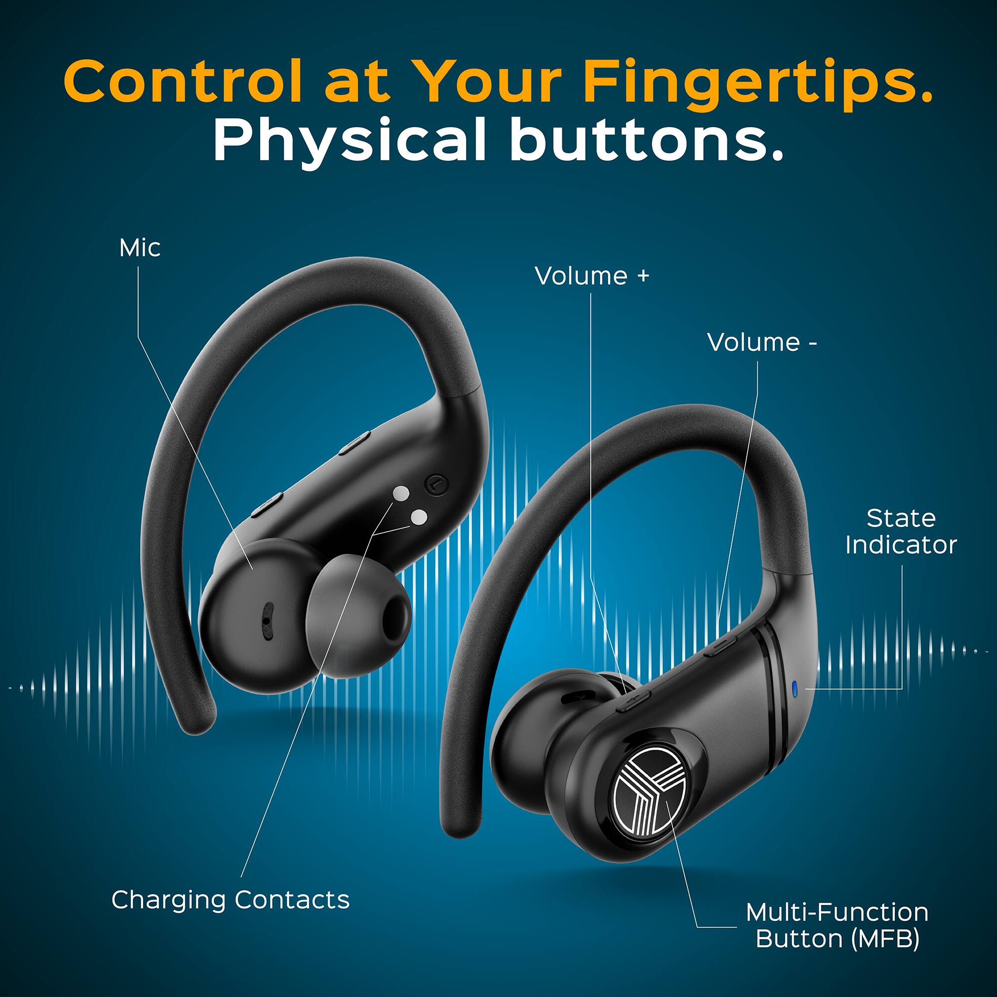 Control at Your Fingertips.  
Physical buttons.  
- Mic  
- Volume +  
- Volume -  
- State Indicator  
- Charging Contacts  
- Multi-Function Button (MFB)