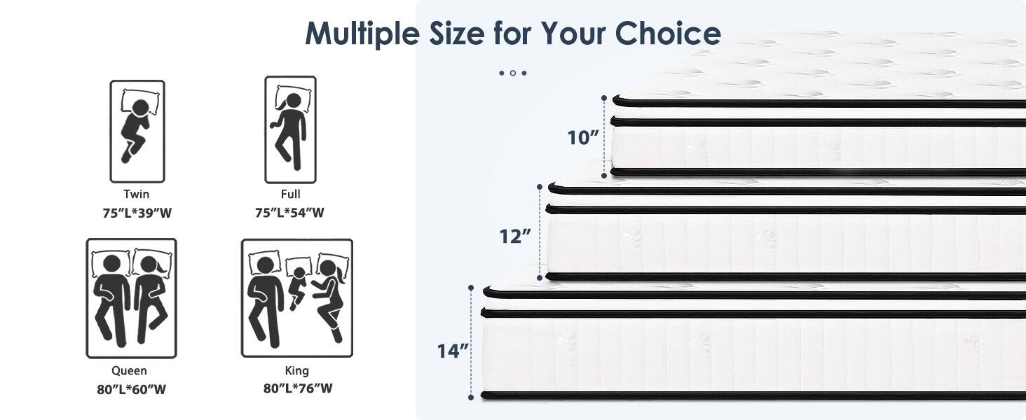 Multiple Size for Your Choice

- Twin: 75"L x 39"W
- Full: 75"L x 54"W
- Queen: 80"L x 60"W
- King: 80"L x 76"W

Thickness Options:
- 10"
- 12"
- 14"