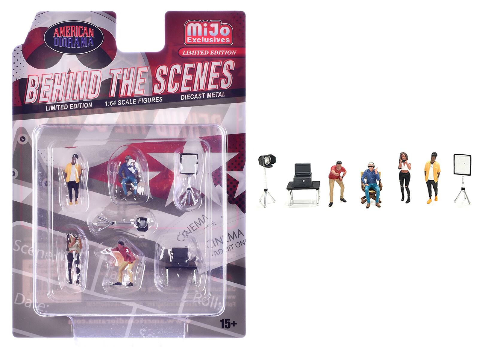 AMERICAN DIORAMA  
BEHIND THE SCENES  
LIMITED EDITION  
1:64 SCALE FIGURES  
DIECAST METAL  

miJo Exclusives  
LIMITED EDITION  

CINEMA  
ADMIT ONE  

15+