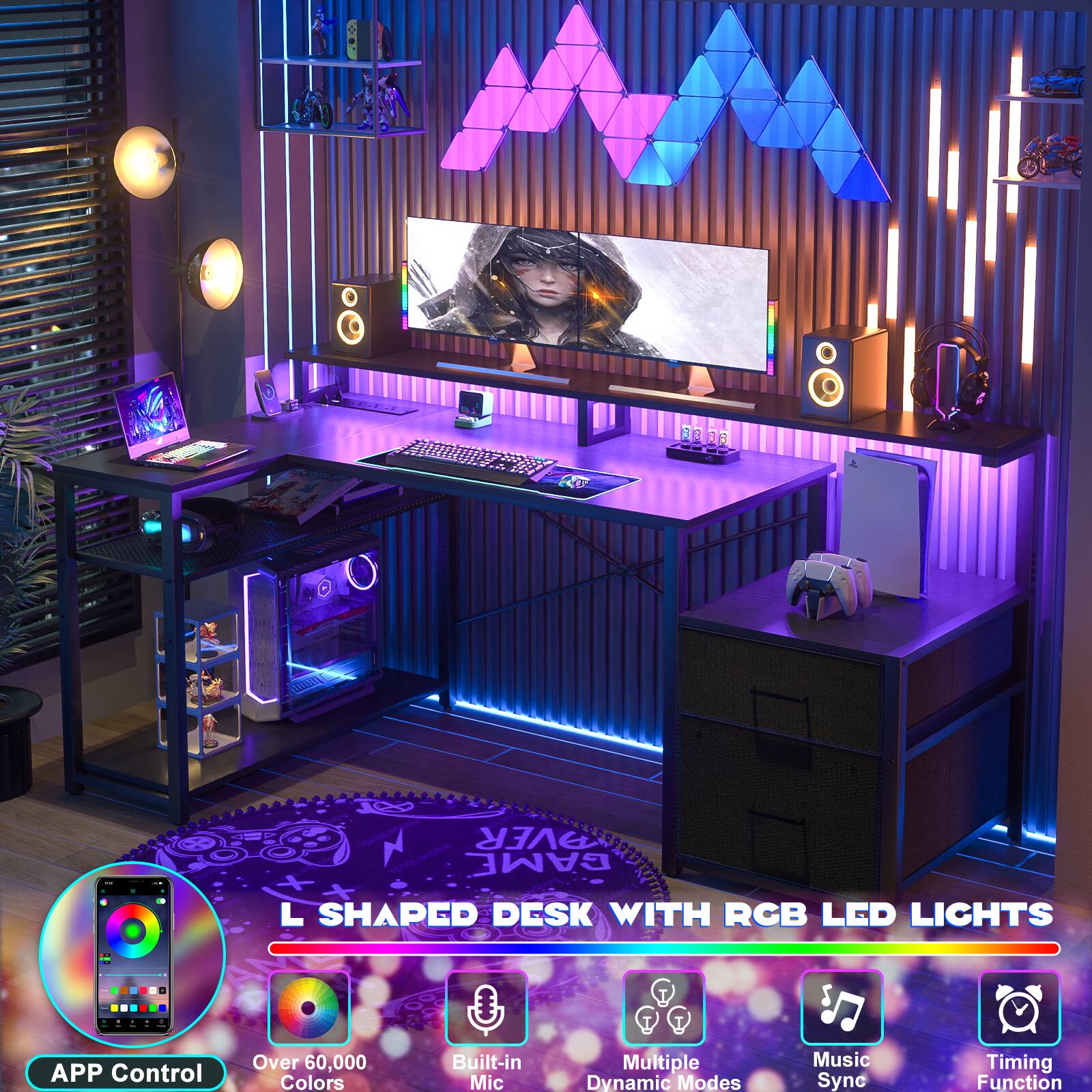 L Shaped Desk with RGB LED Lights

- APP Control
- Over 60,000 Colors
- Built-in Mic
- Multiple Dynamic Modes
- Music Sync
- Timing Function