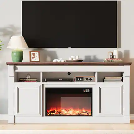 Front. Babevy - 58" Farmhouse Fireplace TV Stand, Entertainment Center with Open Storage Cabinets, Media Console for Living Room - White & Brown.